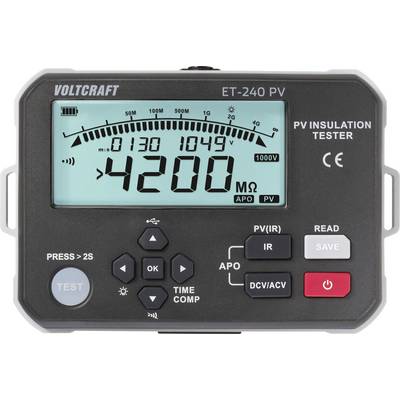 Tester izolacji Voltcraft ET-240 PV wyświetla pomiar 4200 MΩ z różnymi przyciskami sterującymi i ustawieniami do testowania izolacji.