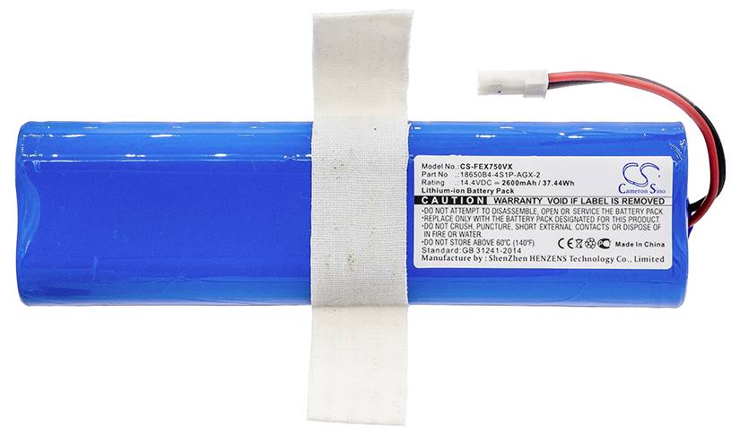 Niebieski akumulator litowo-jonowy z etykietą. Numer modelu CS-FXT950VX, napięcie 18,5V, pojemność 2600mAh. Kształt prostokątny, kabel i wtyczka.