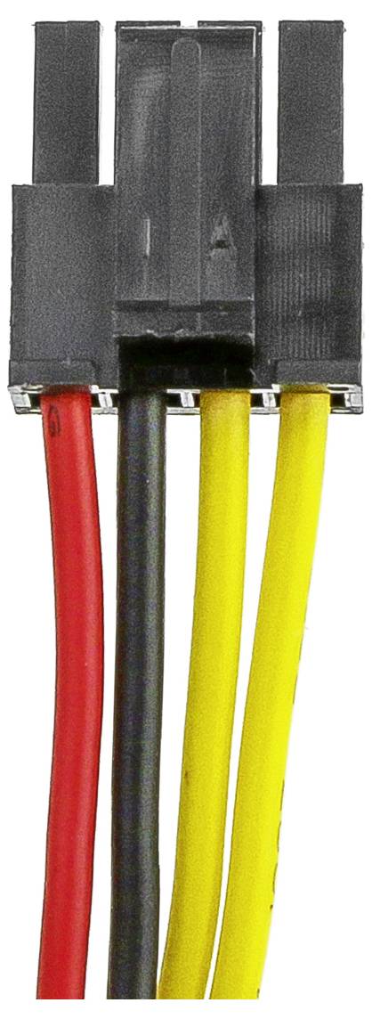 Zbliżenie kabla zasilającego komputera z czerwonymi, czarnymi i żółtymi przewodami, który kończy się czarnym złączem.