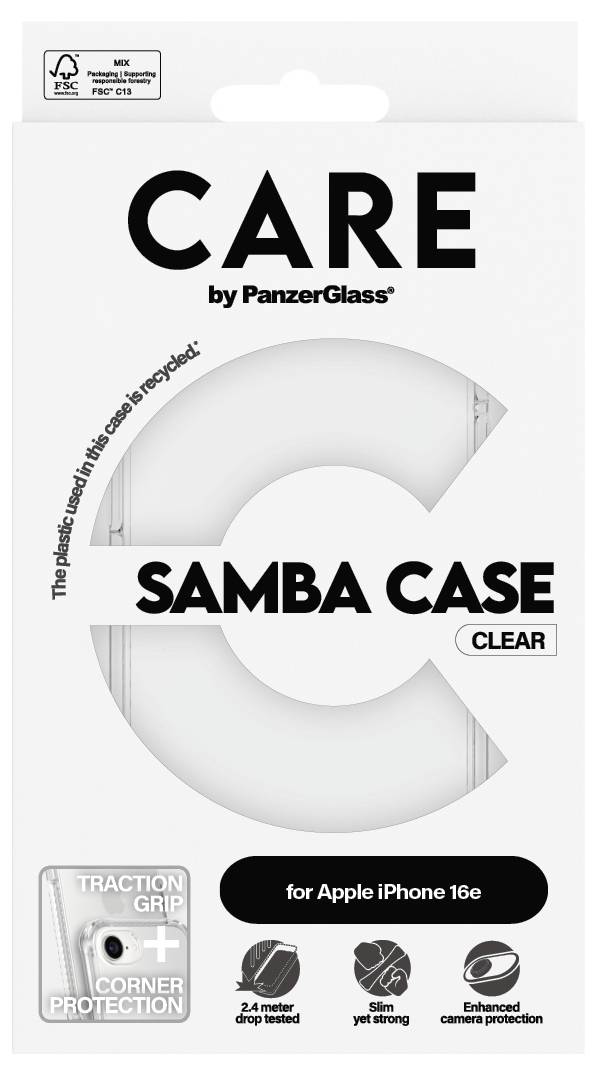 Opakowanie 'CARE by PanzerGlass Samba Case Clear' dla Apple iPhone 16e, z tekstem o recyklingu, uchwytem antypoślizgowym i ochroną naroży.