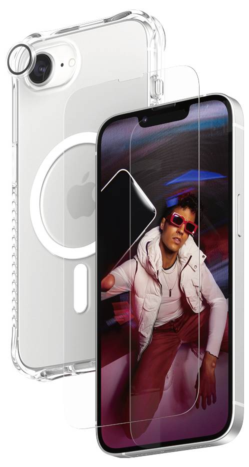 Smartfon w przezroczystej obudowie ochronnej z zabezpieczeniem ekranu, pokazujący osobę w dynamicznej pozie na wyświetlaczu.