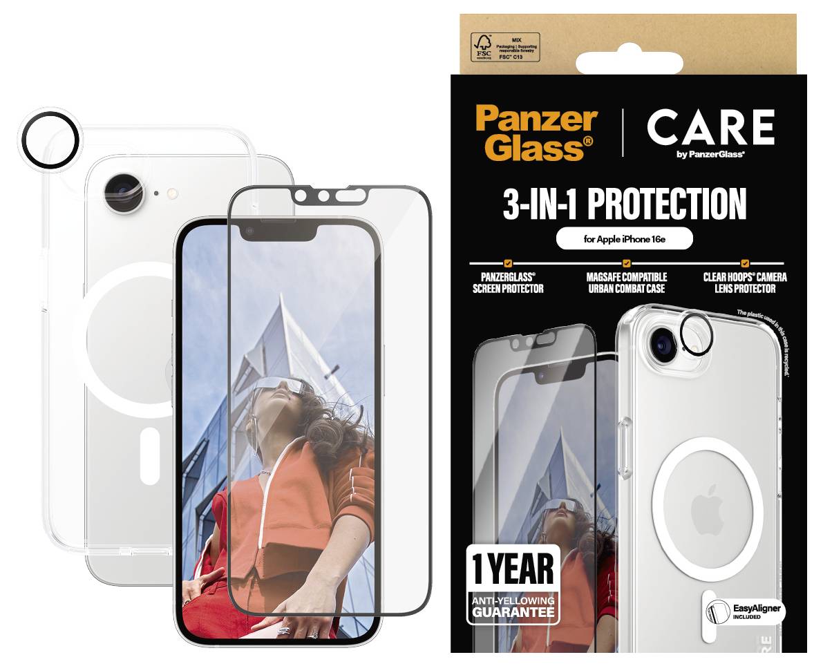Zestaw 'PanzerGlass 3-in-1 Protection' dla iPhone'a: Etui, ochrona ekranu i ochrona kamery na białym tle. Akcesoria znajdują się w czerwono-czarnym kartonie.