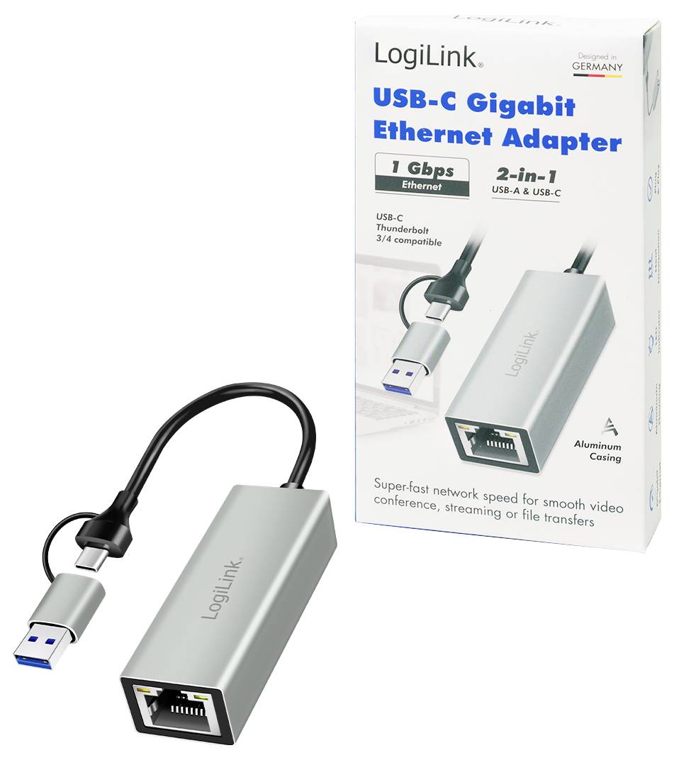 Adapter LogiLink USB-C Gigabit Ethernet w kolorze srebrnym z portami USB-A i USB-C. Opakowanie prezentuje adapter oraz jego specyfikacje.
