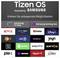 Interfejs „Tizen OS Powered by Samsung" pokazujący ikony aplikacji: Samsung TV Plus, Gaming Hub, Netflix, Prime Video, YouTube, Disney+, Spotify i inne. Tekst niemiecki promujący nieograniczone możliwości.