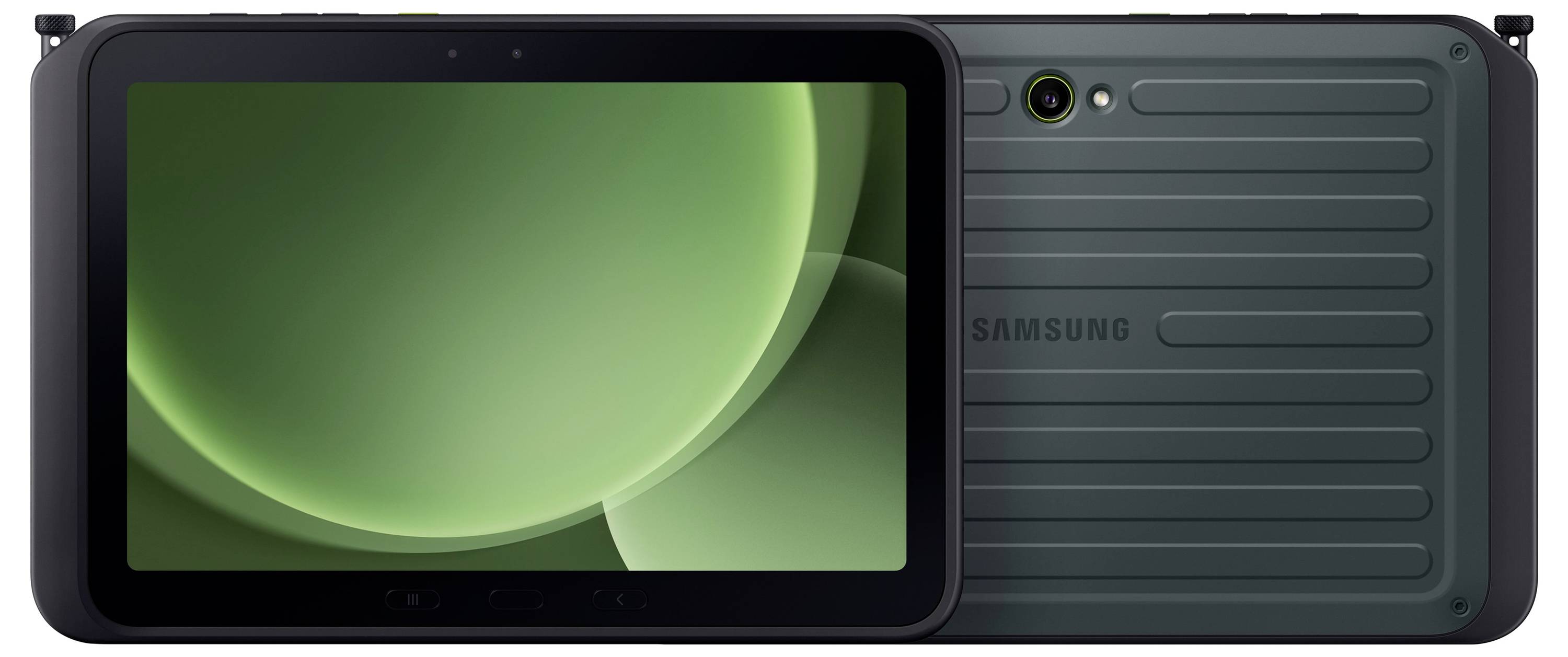 Solidny tablet z dużym, wyraźnym ekranem, wytrzymałą obudową i napisem 'Samsung' na tylnej części.