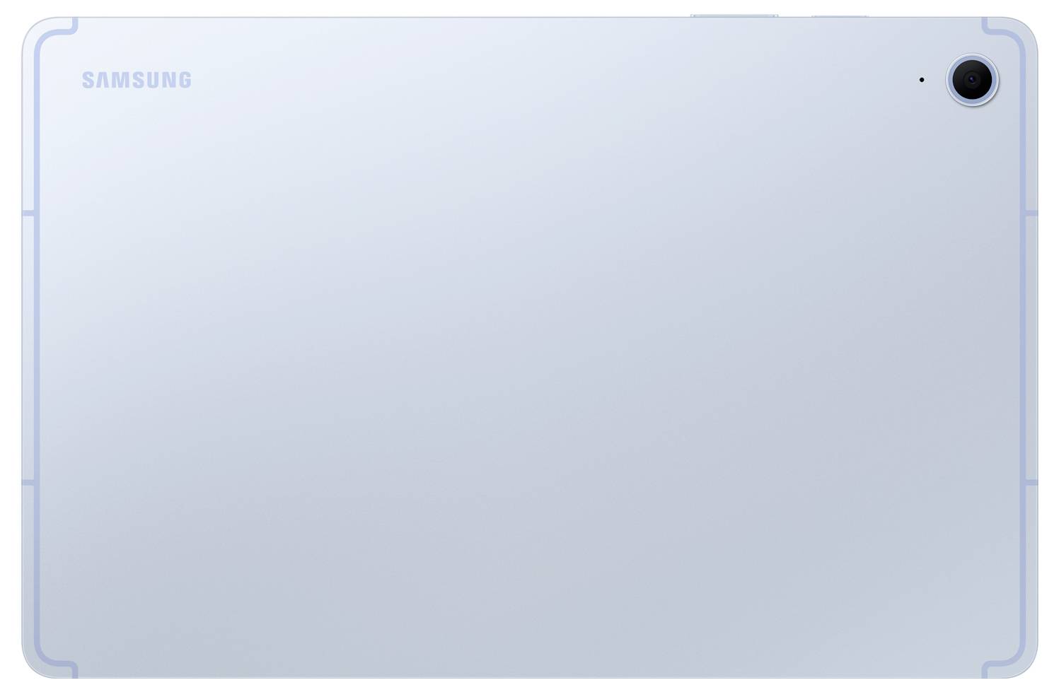 Srebrny tablet Samsung z kamerą w górnym prawym rogu, widziany od tyłu.