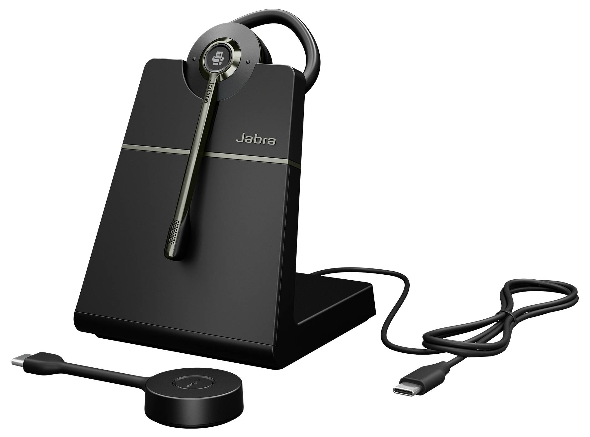 Bezprzewodowy zestaw słuchawkowy na stacji ładującej z kablem połączeniowym USB-C i adapterem. Odpowiedni do komunikacji w biurze i podczas pracy zdalnej.