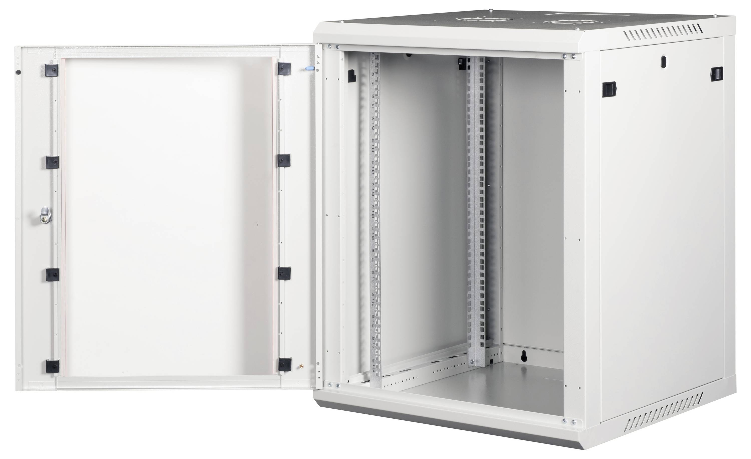 Otwarty biały szafka serwerowa ze składanymi drzwiami, przeznaczona do przechowywania sprzętu sieciowego, ustawiona w prostym, dobrze oświetlonym pomieszczeniu.