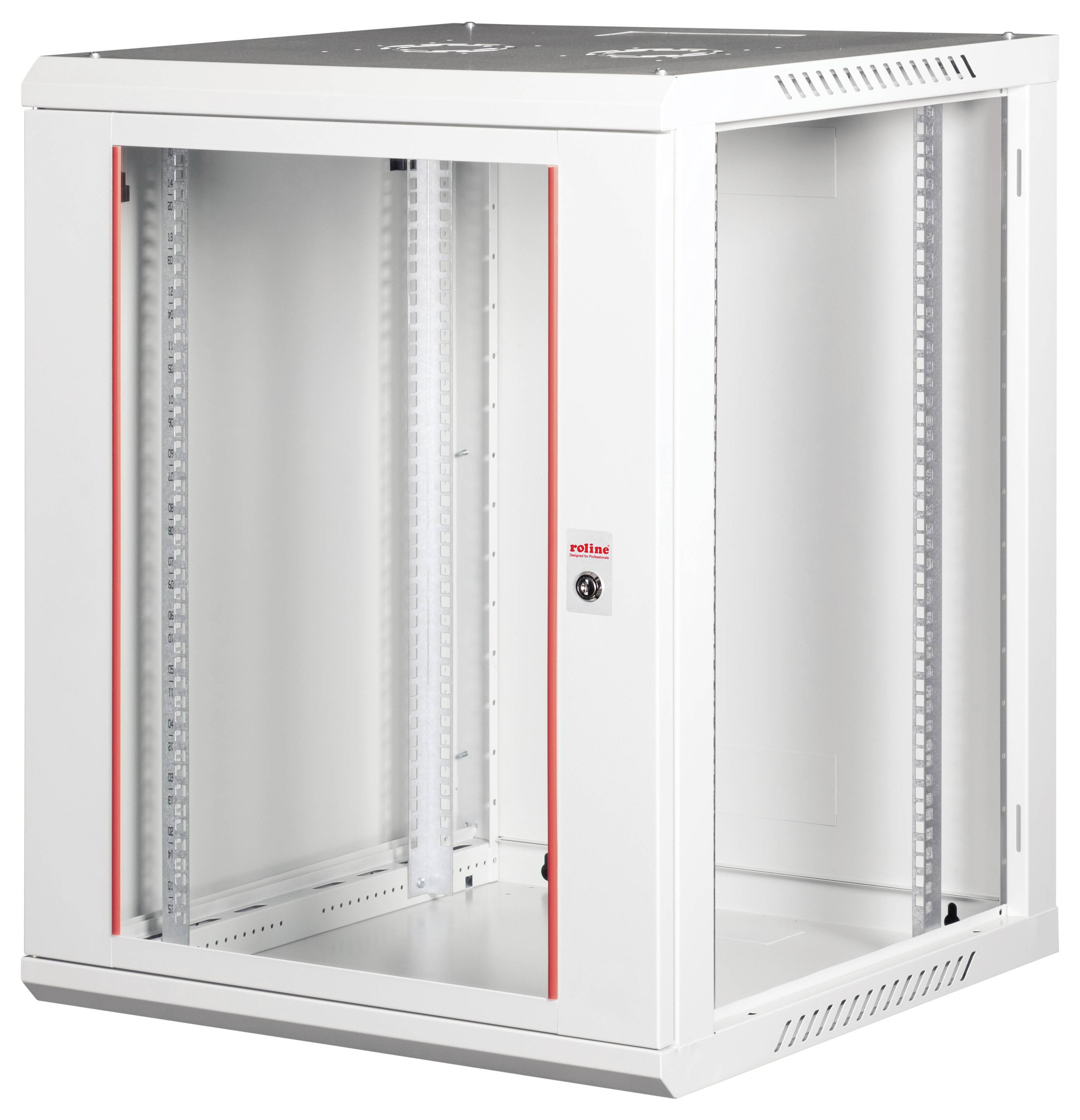 Biała metalowa szafa serwerowa, pusta i otwarta, z pionowymi szynami, zamkiem na drzwiach i czerwonymi akcentami. Odpowiednia do montażu sprzętu sieciowego.