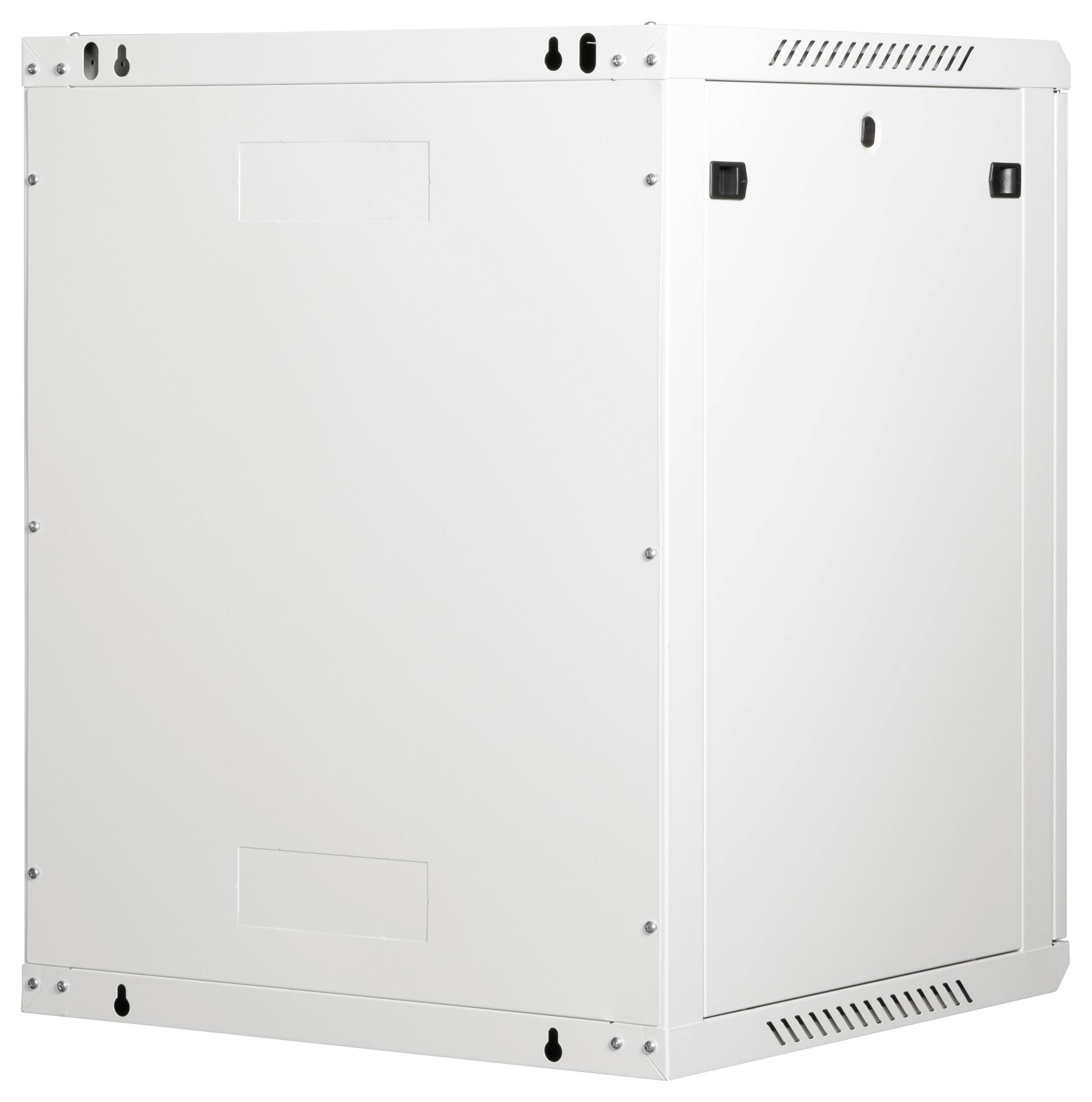 Prosty, biały, prostokątny osprzęt elektryczny z otworami wentylacyjnymi po bokach, śrubami w narożnikach oraz panelem dostępowym z przodu.