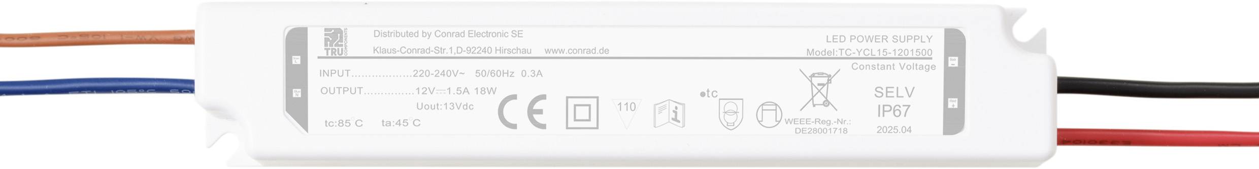 TRU COMPONENTS TC-YCL15-1201500 Світлодіодний трансформатор постійна напруга 18 Вт 1,5 A 12 В/DC 1 шт.