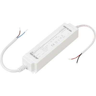 Prostokątny biały sterownik LED z oznaczonymi parametrami technicznymi, wyposażony w dwa przewody na każdym końcu do podłączeń elektrycznych.
