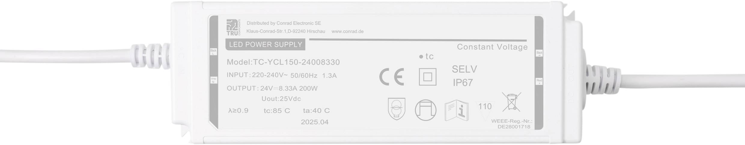 TRU COMPONENTS TC-YCL150-24008330 Світлодіодний трансформатор постійна напруга 18 Вт 8,3 A 22,8 - 25,2 В/DC 1 шт.