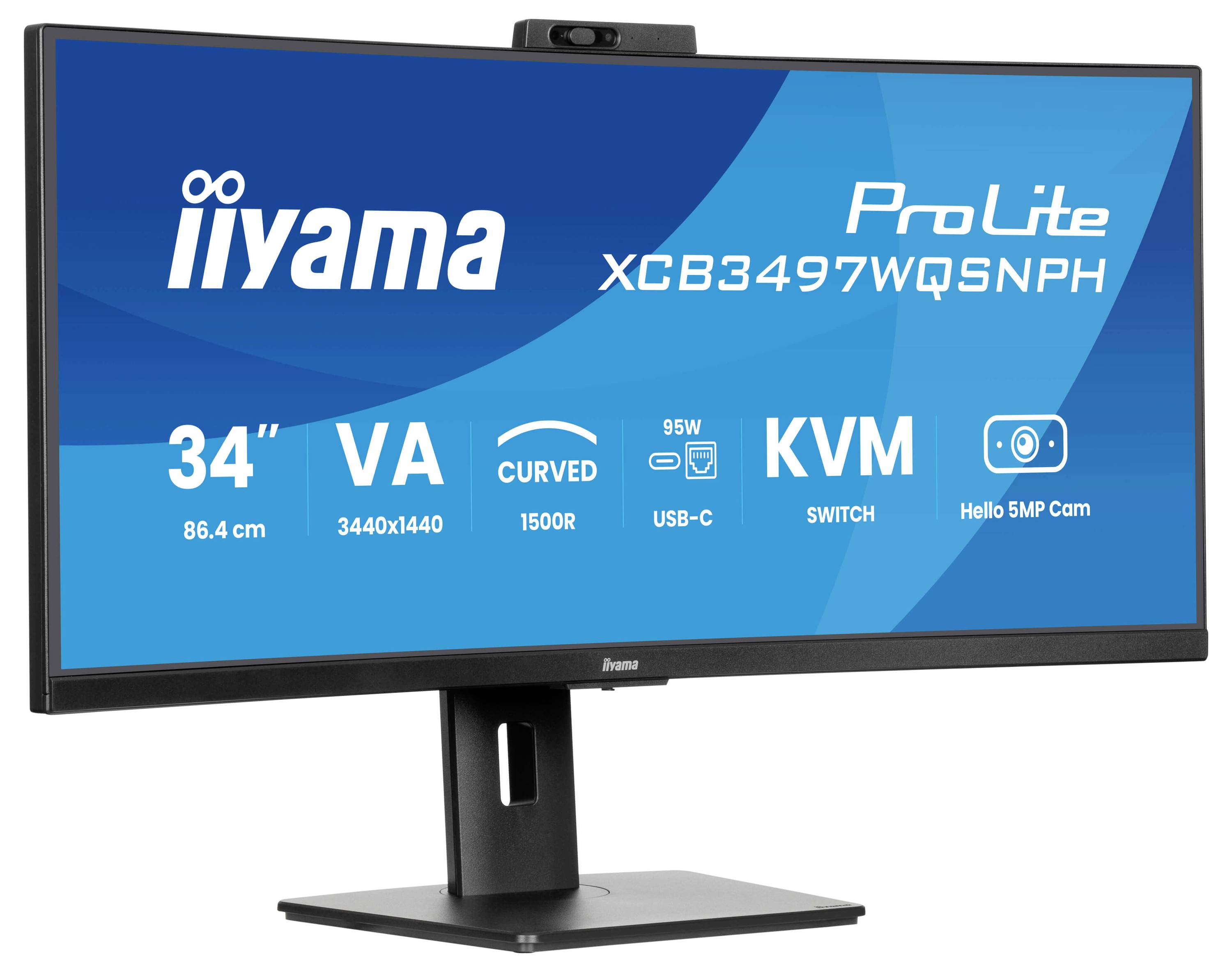 Zakrzywiony 34-calowy monitor iiyama ProLite z przełącznikiem KVM i USB-C, kamerą 5MP. Rozdzielczość: 3440x1440, krzywiznа 1500R.