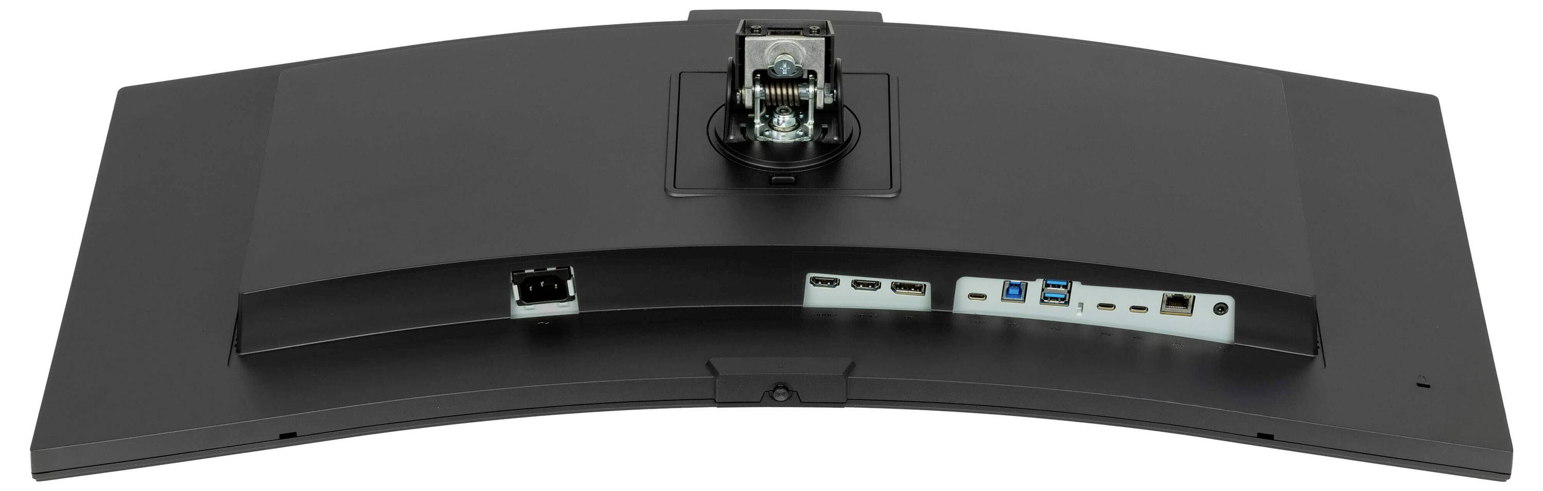 Tył monitora z wieloma złączami, w tym HDMI, DisplayPort, USB i złączem sieciowym.