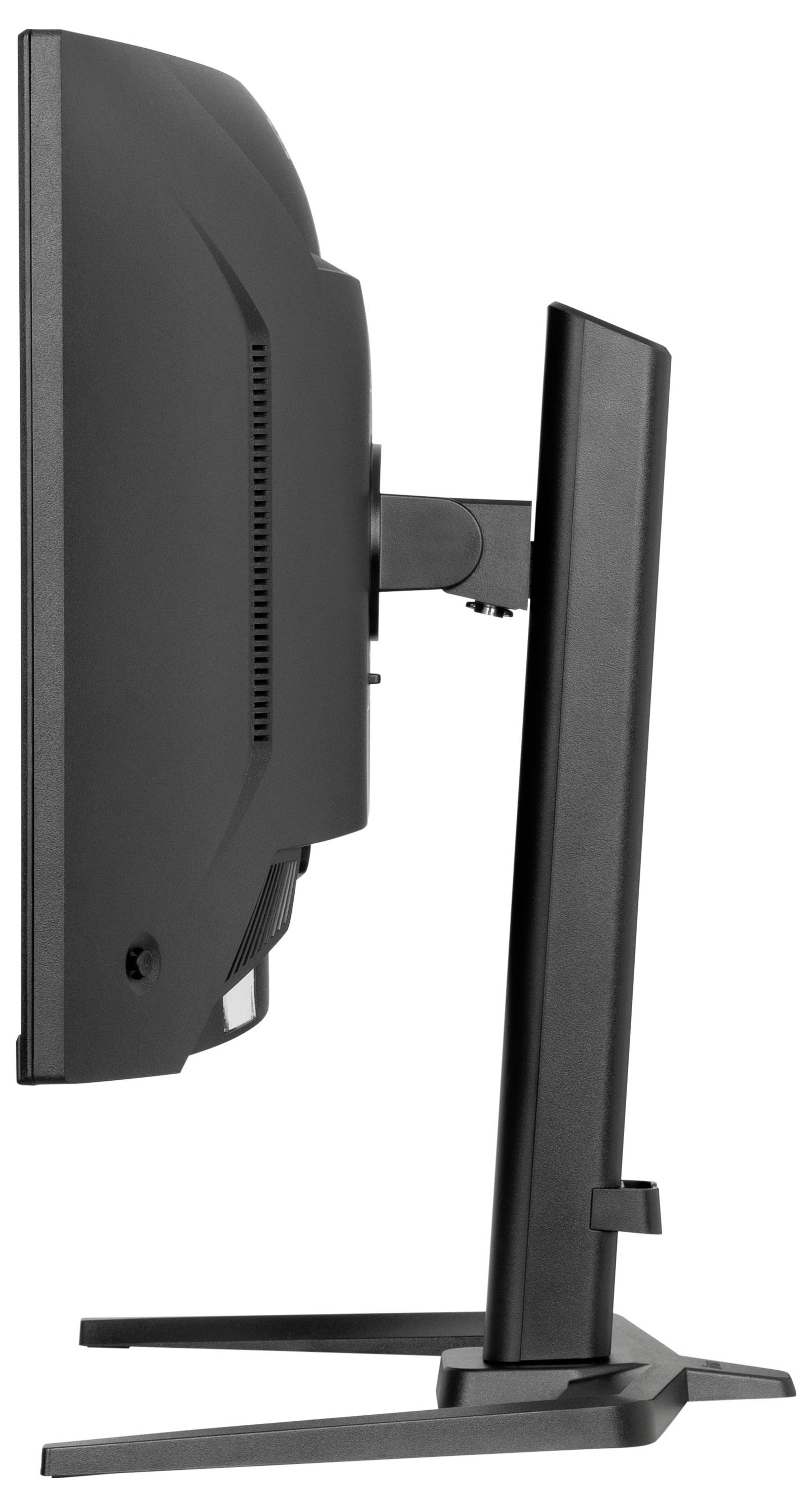 Płaski monitor komputerowy z boku, z regulowaną podstawą.