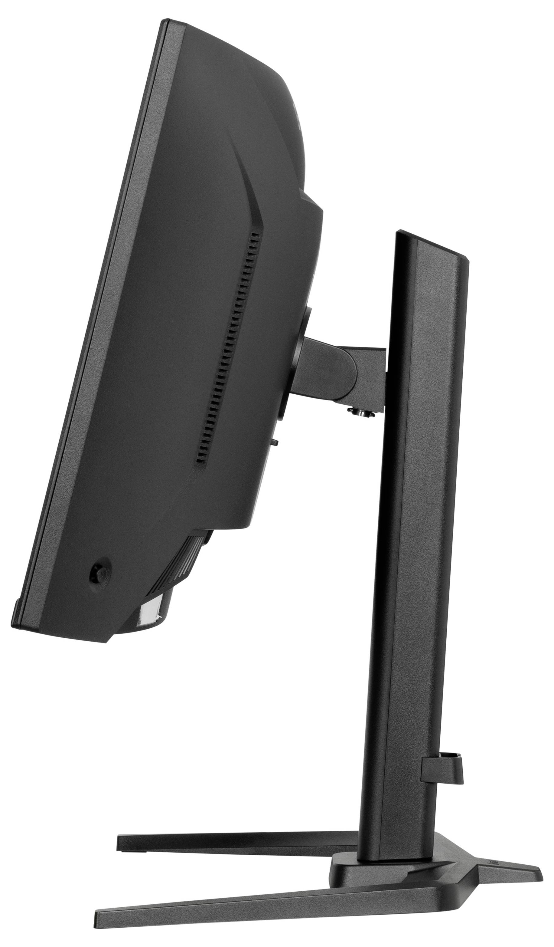 Monitor ustawiony bocznie z regulowaną podstawą. Ekran jest czarny i ustawiony w orientacji pionowej.
