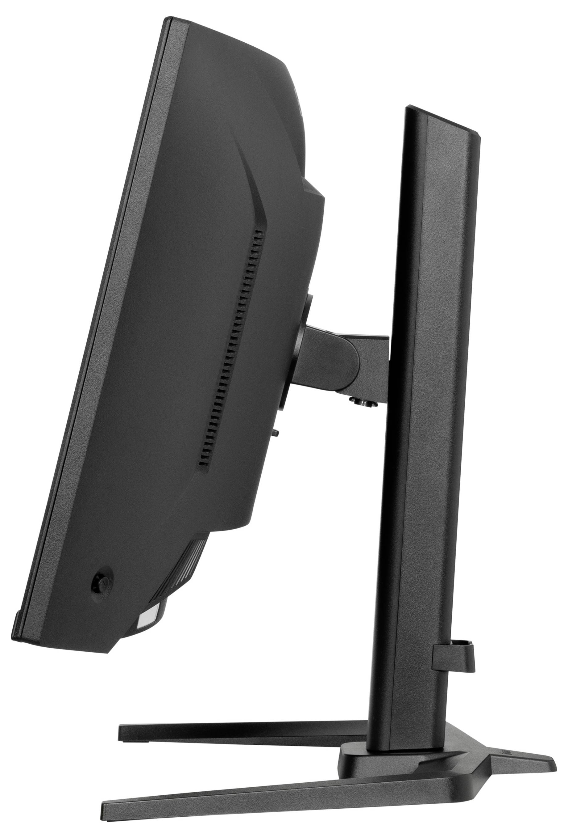 Czarny monitor komputerowy, przedstawiony z boku z lewej strony, na regulowanej podstawie.