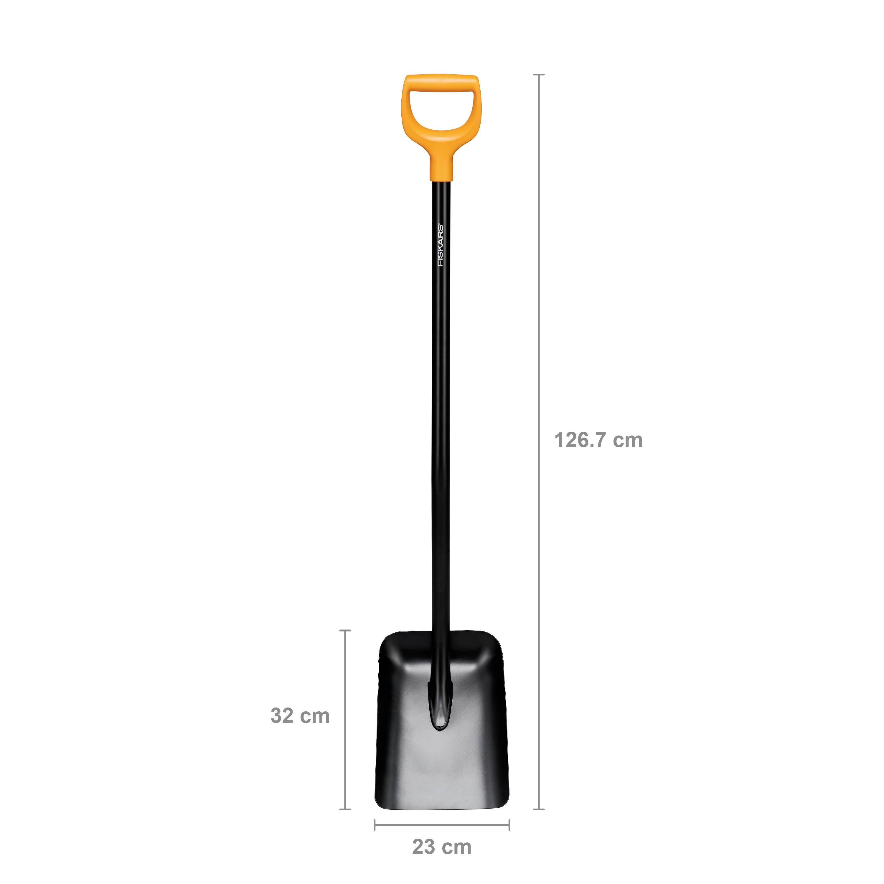 Łopata z czarną powierzchnią i pomarańczowym uchwytem. Całkowita długość 126,7 cm. Rozmiar płaszczyzny roboczej: 32 cm wysokości, 23 cm szerokości.