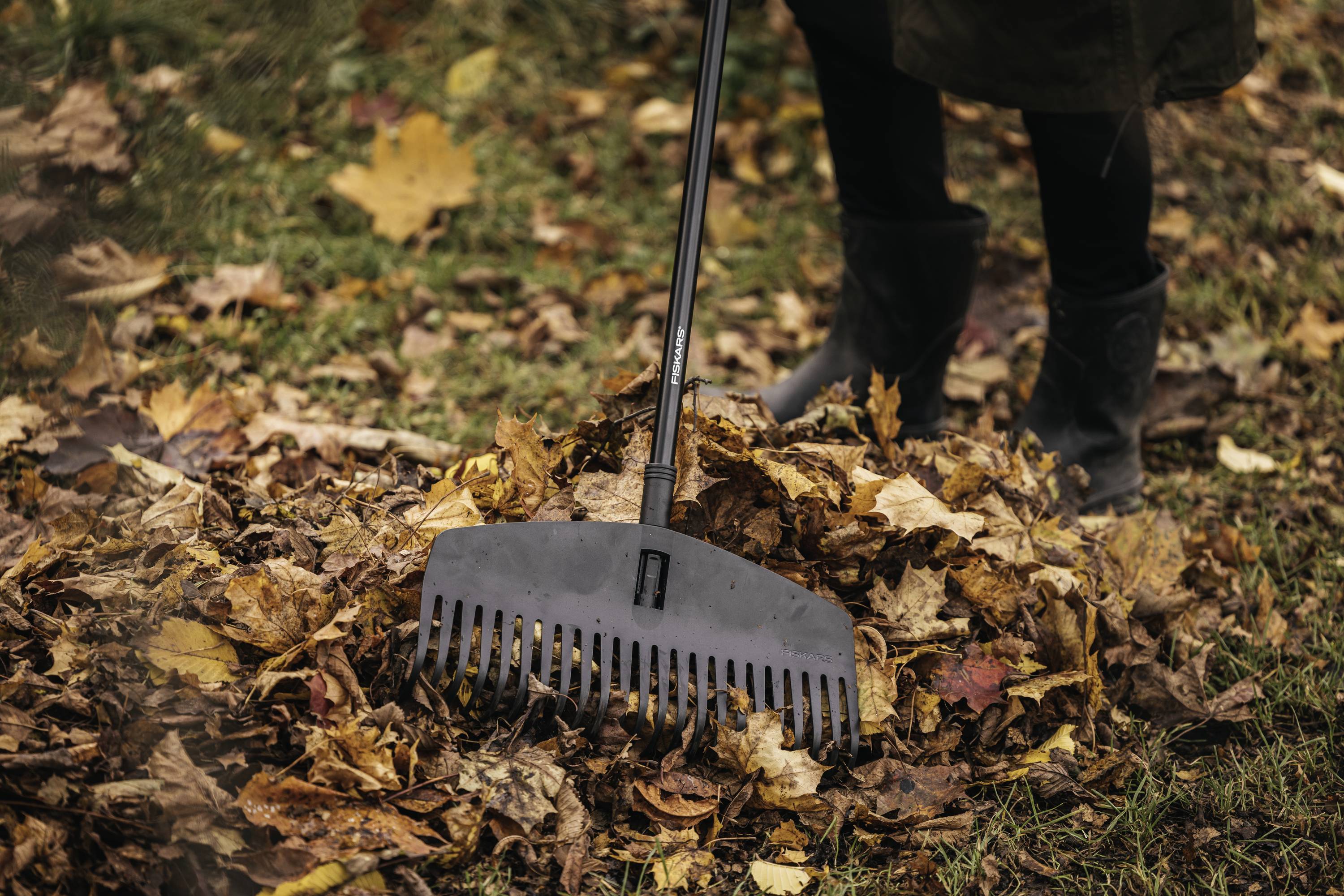 Osoba stoi na łące i używa grabie do zgrabienia opadłych jesiennych liści.