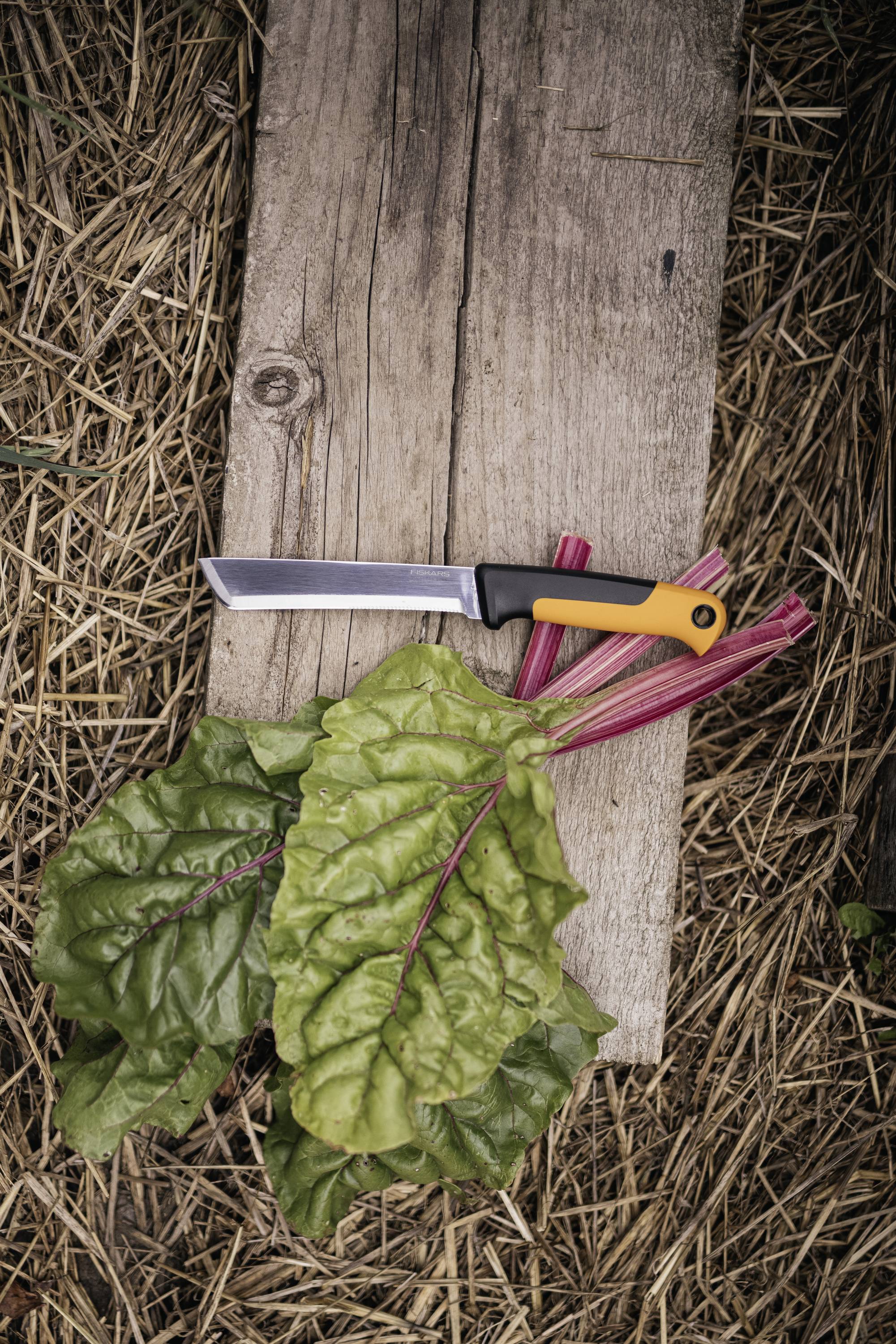 Nóż z uchwytem w kolorze pomarańczowo-czarnym leży na desce drewnianej, obok świeże zielone liście z czerwonymi łodyżkami na słomie.