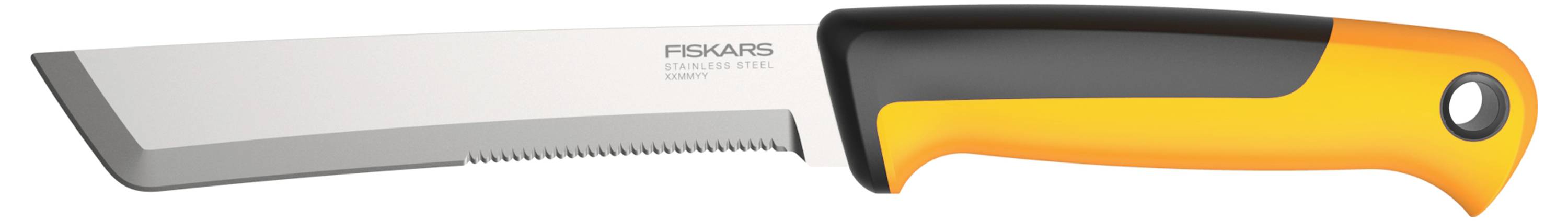 Mały sprzęt ogrodowy z żółtą i czarną rączką, przypominający nóż, używany do cięcia i piłowania roślin.