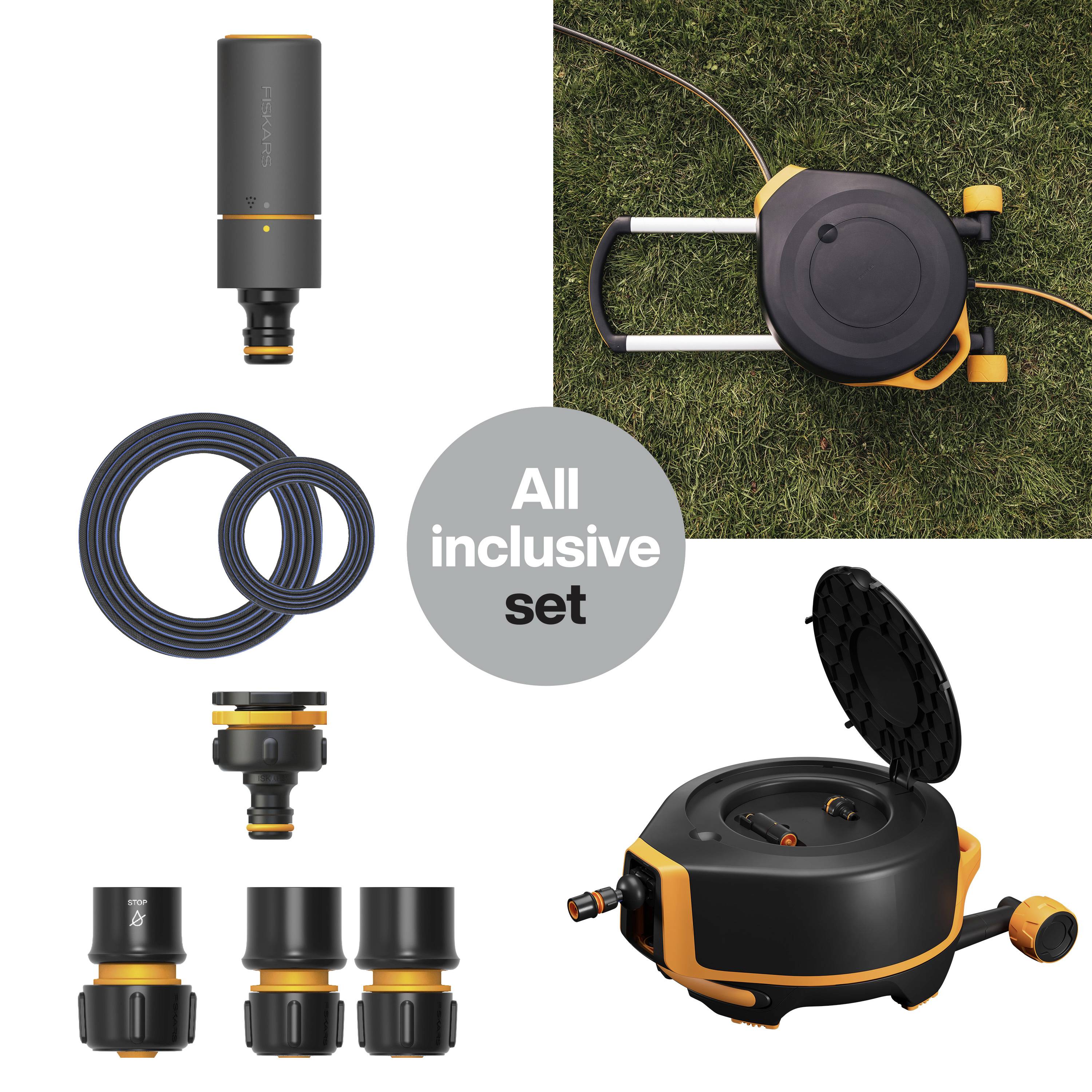 Zestaw robota koszącego obejmujący kosiarką, rolkę kabla, przewody i złączki. Napis 'All inclusive set' podkreśla kompletność zestawu.