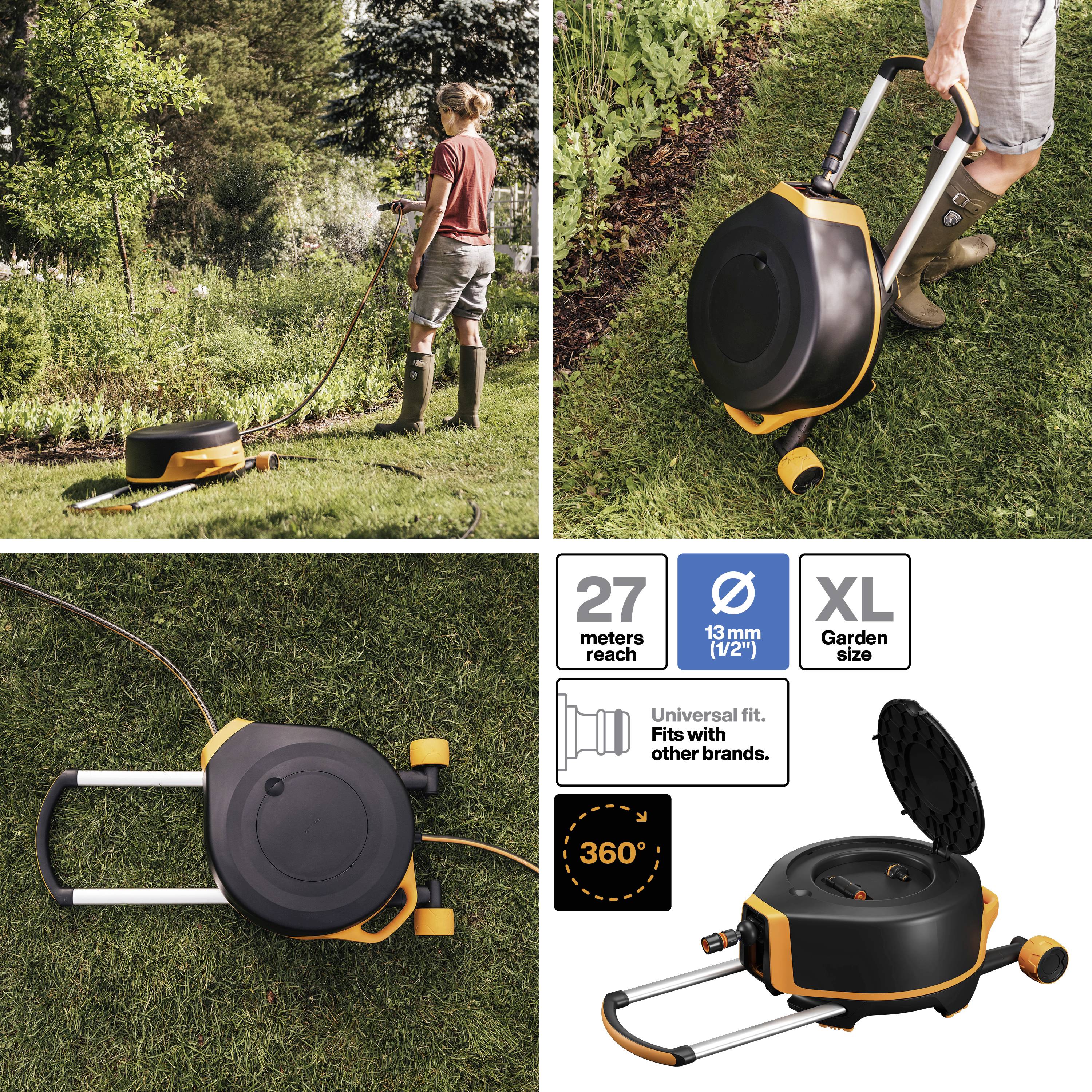 Rudowłosa kobieta używa czarnego wózka ogrodowego do przewożenia węża. Cechy produktu: zasięg 27 metrów, rozmiar XL, uniwersalna kompatybilność.