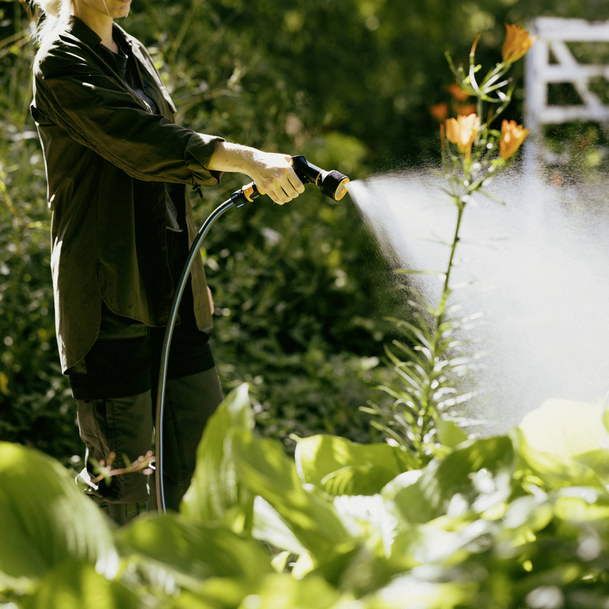 Osoba podlewa ogród za pomocą konewki, otoczona kwitnącymi roślinami i promieniami słońca.