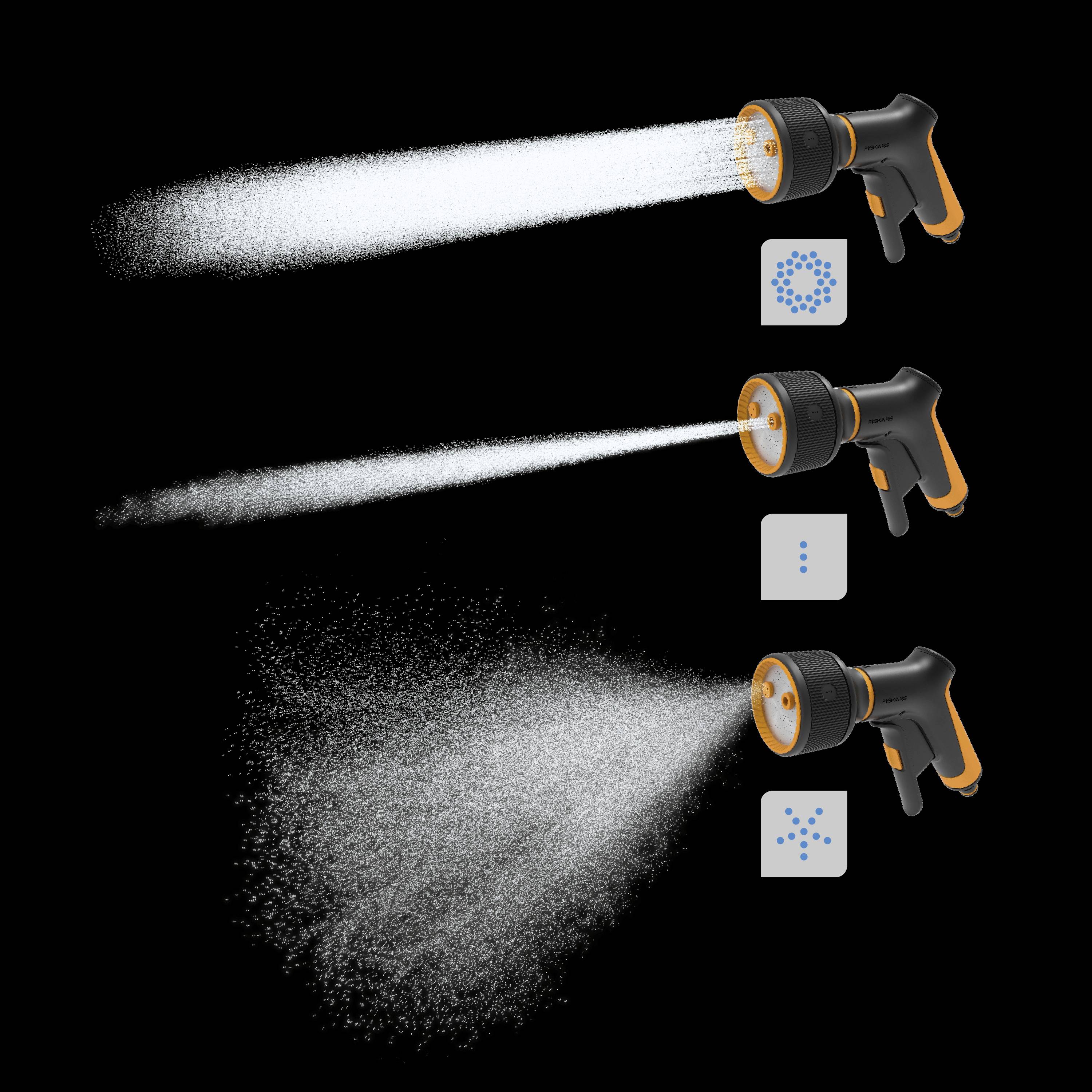 Trzy końcówki do podlewania ogrodu z różnymi trybami spryskiwania: delikatny sprysk, skoncentrowany strumień oraz szeroka mgiełka.