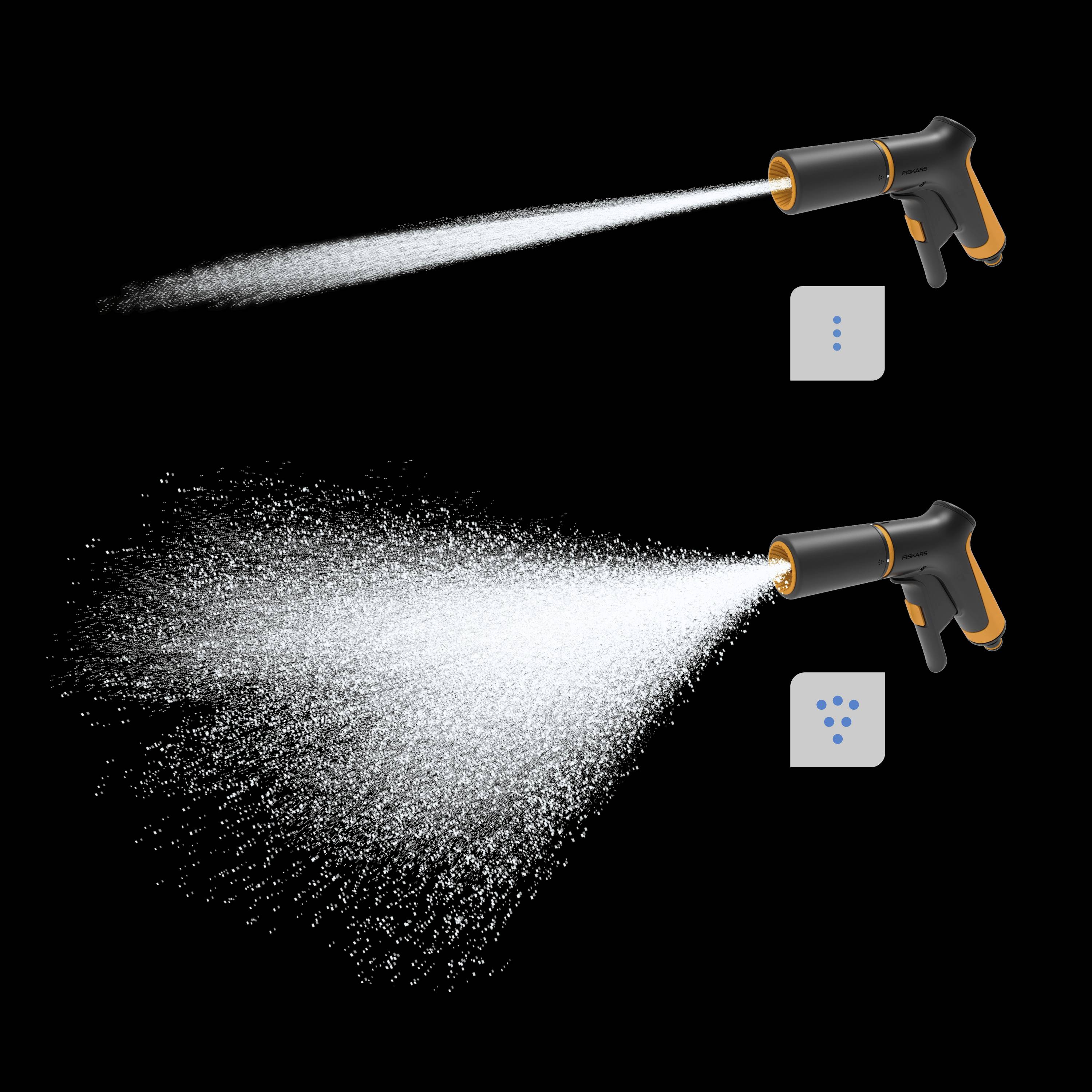 Pistolet natryskowy z dwoma opcjami natrysku: precyzyjny strumień i szeroka mgła. Dźwignia reguluje ciśnienie wody.