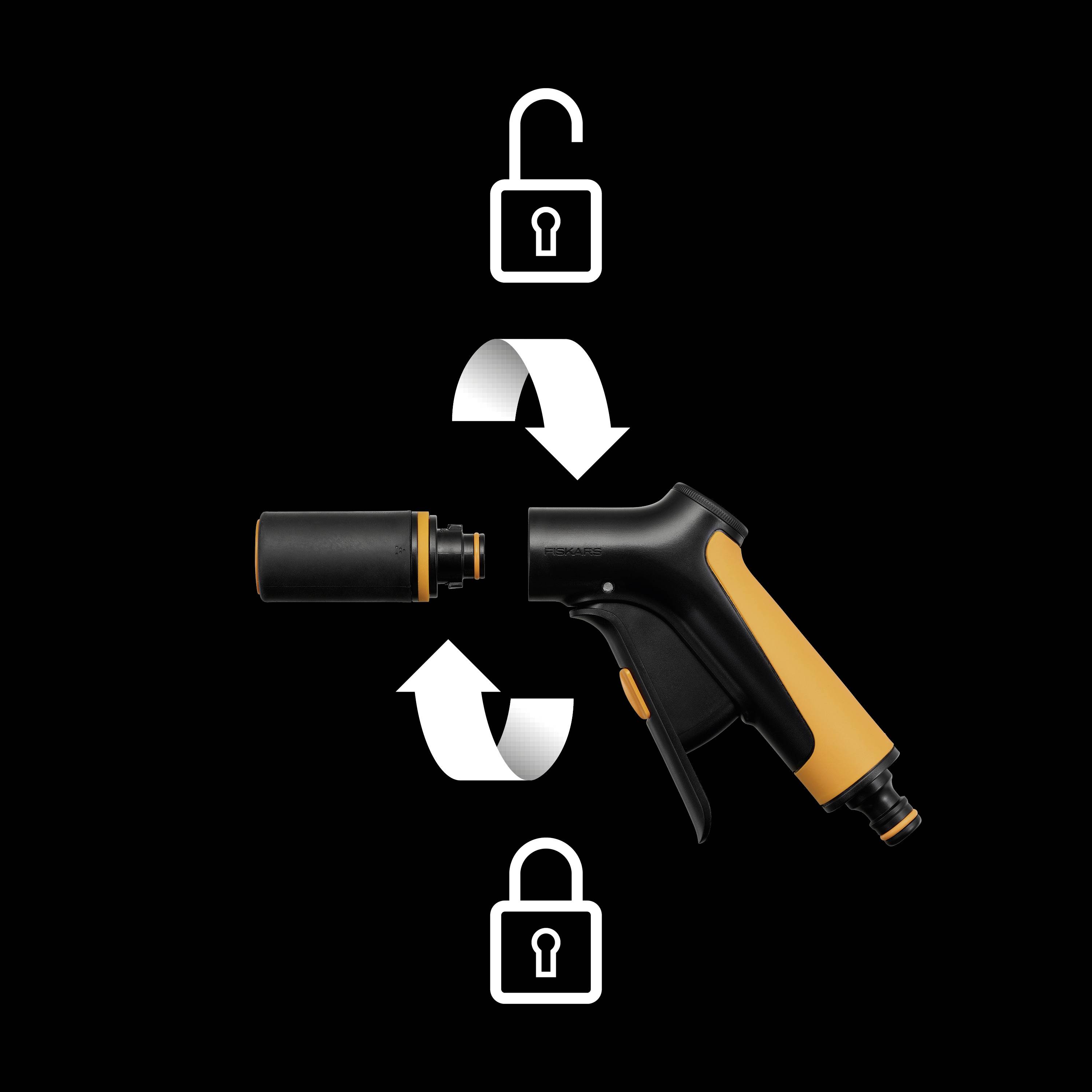 Urządzenie natryskowe z diagramem strzałkowym ilustrującym mechanizm blokady. Na górze odblokowane, na dole zablokowane.