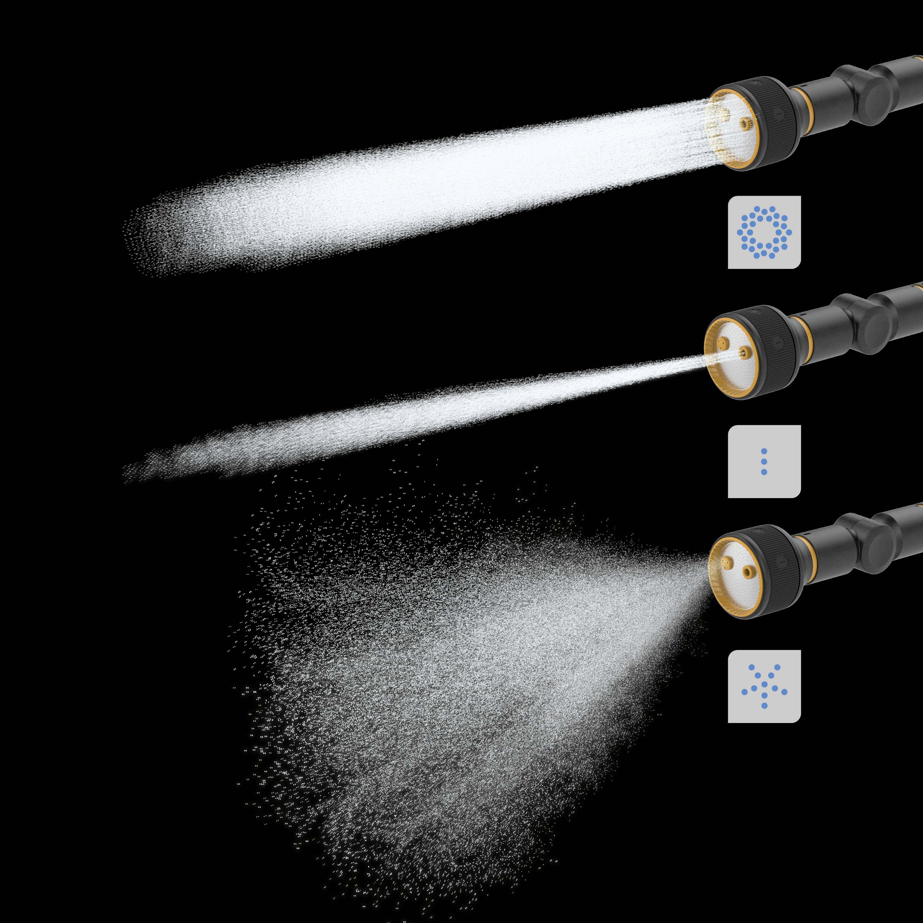 Trzy ilustracje słuchawki prysznicowej przedstawiają różne tryby strumienia wody: strumień skoncentrowany, strumień średni, strumień szeroki.