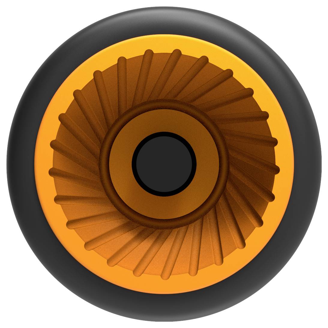 Okrągły, pomarańczowo-czarny przedmiot z centralnym kołem i wzorami promieniście rozchodzącymi się, prawdopodobnie obiekt dekoracyjny.