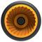 Okrągły, pomarańczowo-czarny przedmiot z centralnym kołem i wzorami promieniście rozchodzącymi się, prawdopodobnie obiekt dekoracyjny.