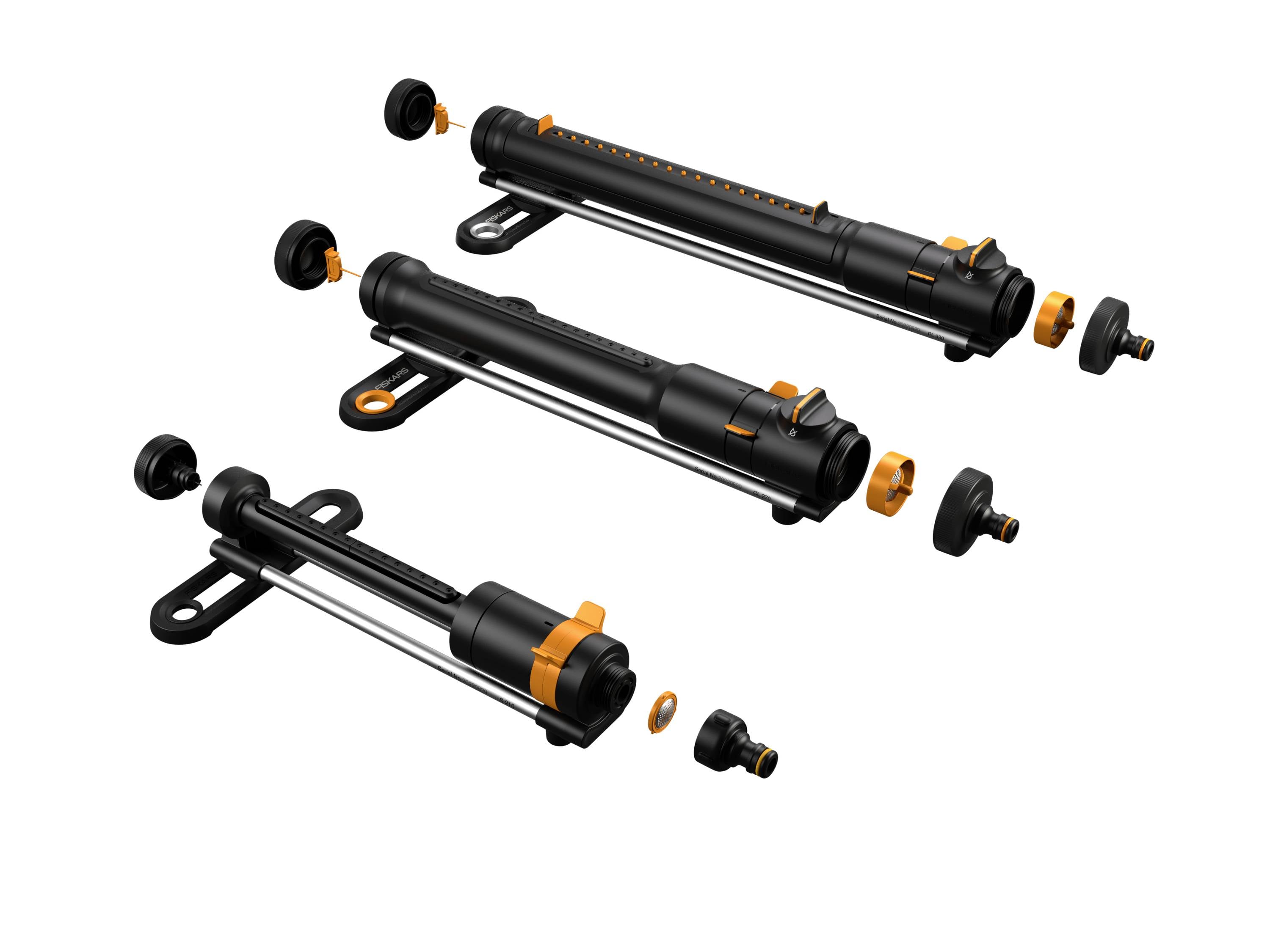 Grupa czarnych i pomarańczowych pomp o różnych rozmiarach na białym tle. Każda pompa posiada dwie podpory.