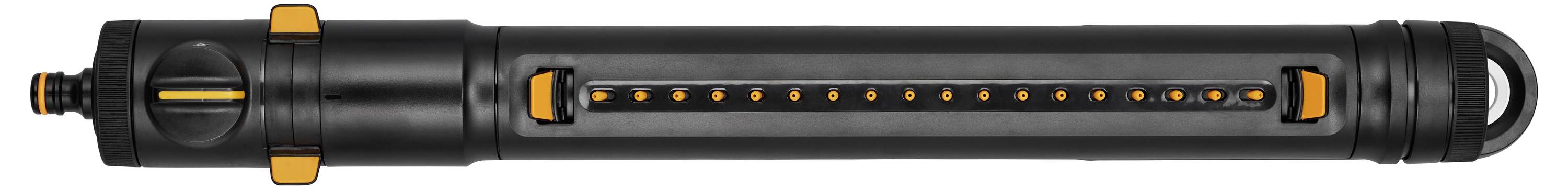 Czarny, wydłużony cylinder z pomarańczowymi akcentami, odpowiedni do połączeń przewodów i akcesoriów nawadniających.