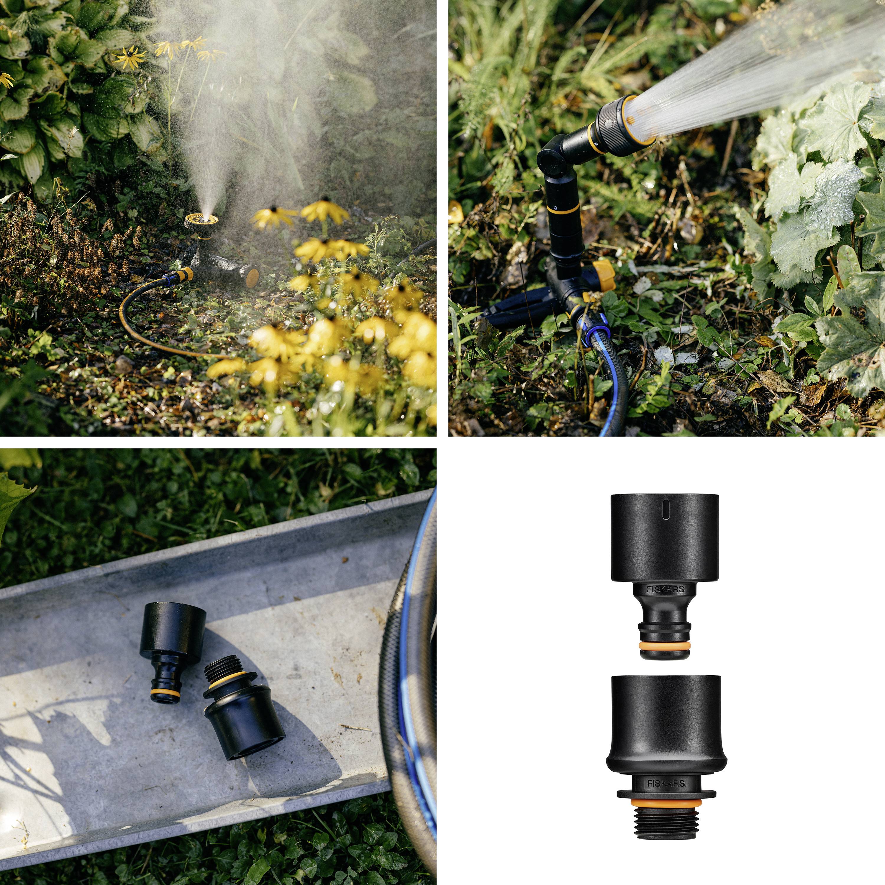 System nawadniania ogrodu z regulowanymi dyszami natryskającymi, złączkami i przyłączami węży; prezentuje efektywne zarządzanie wodą w ogrodzie.