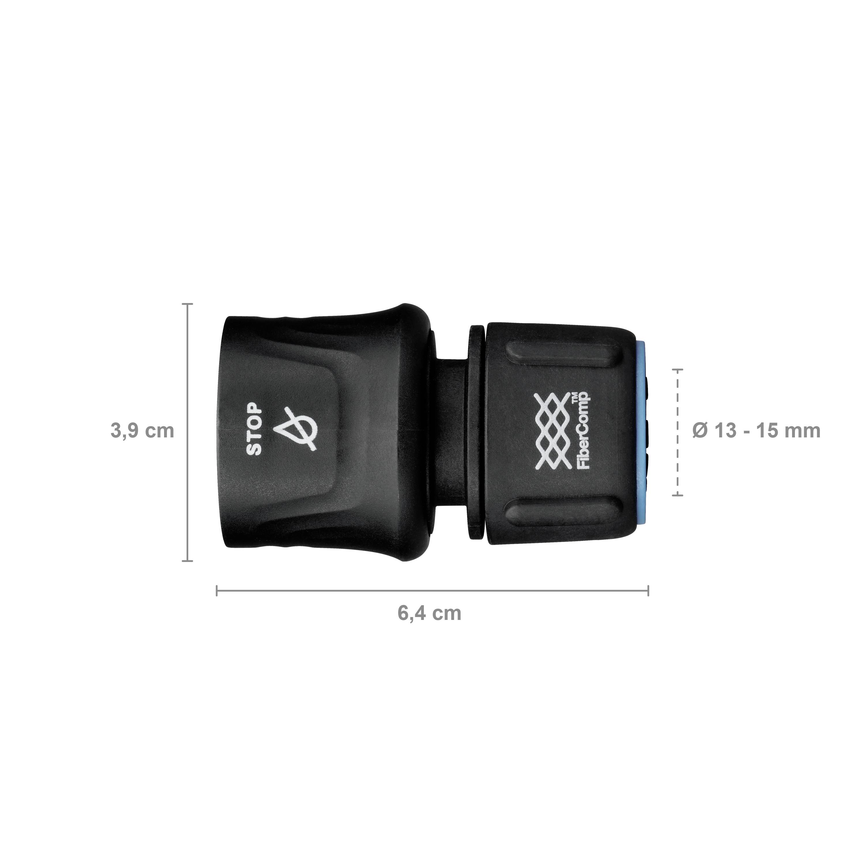 Czarna złączka z napisem 'STOP'. Wymiary: 3,9 cm wysokości, 6,4 cm szerokości, średnica 13-15 mm.