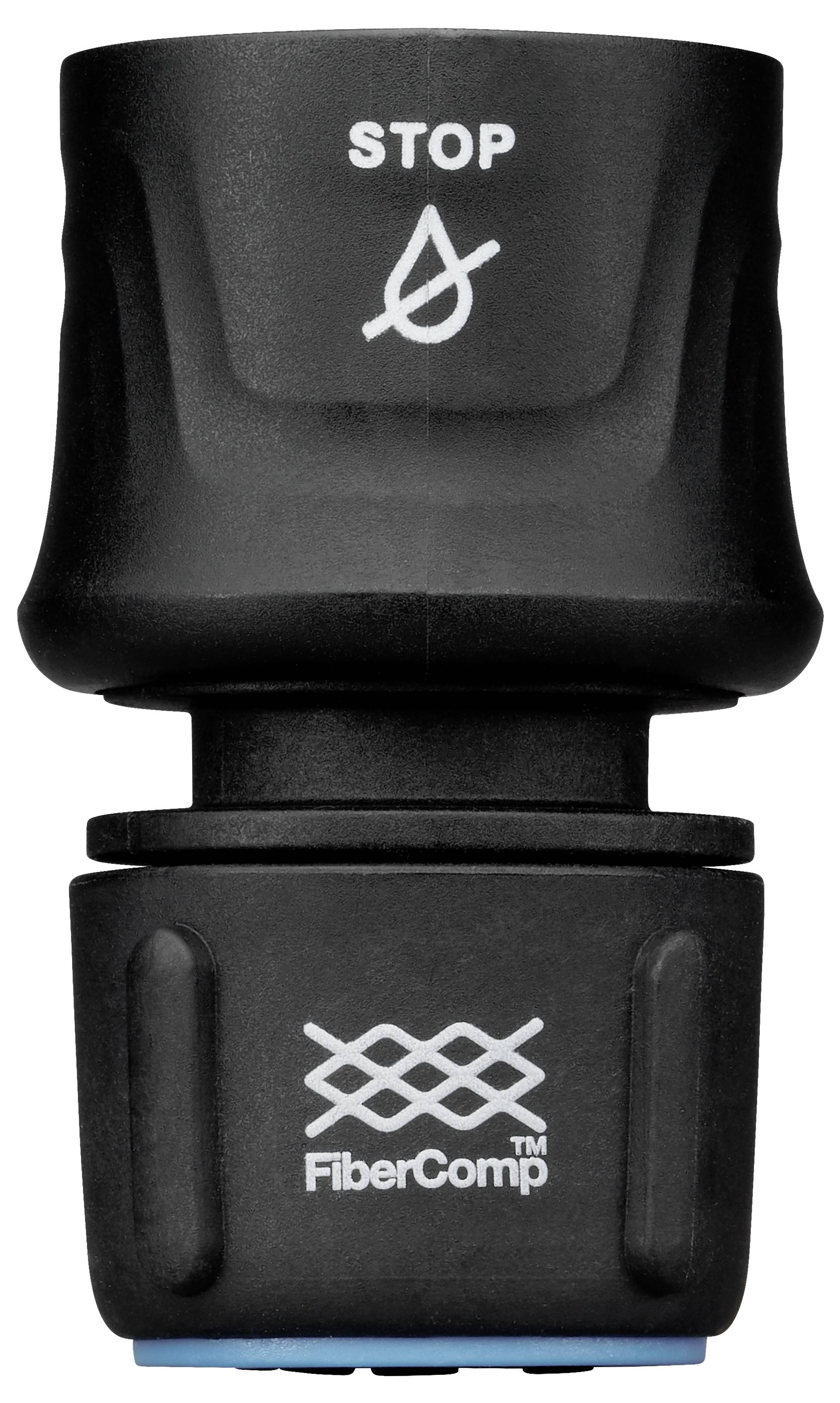Czarny adapter do węża ogrodowego z symbolem 'STOP' wykonany z włókna szklanego.