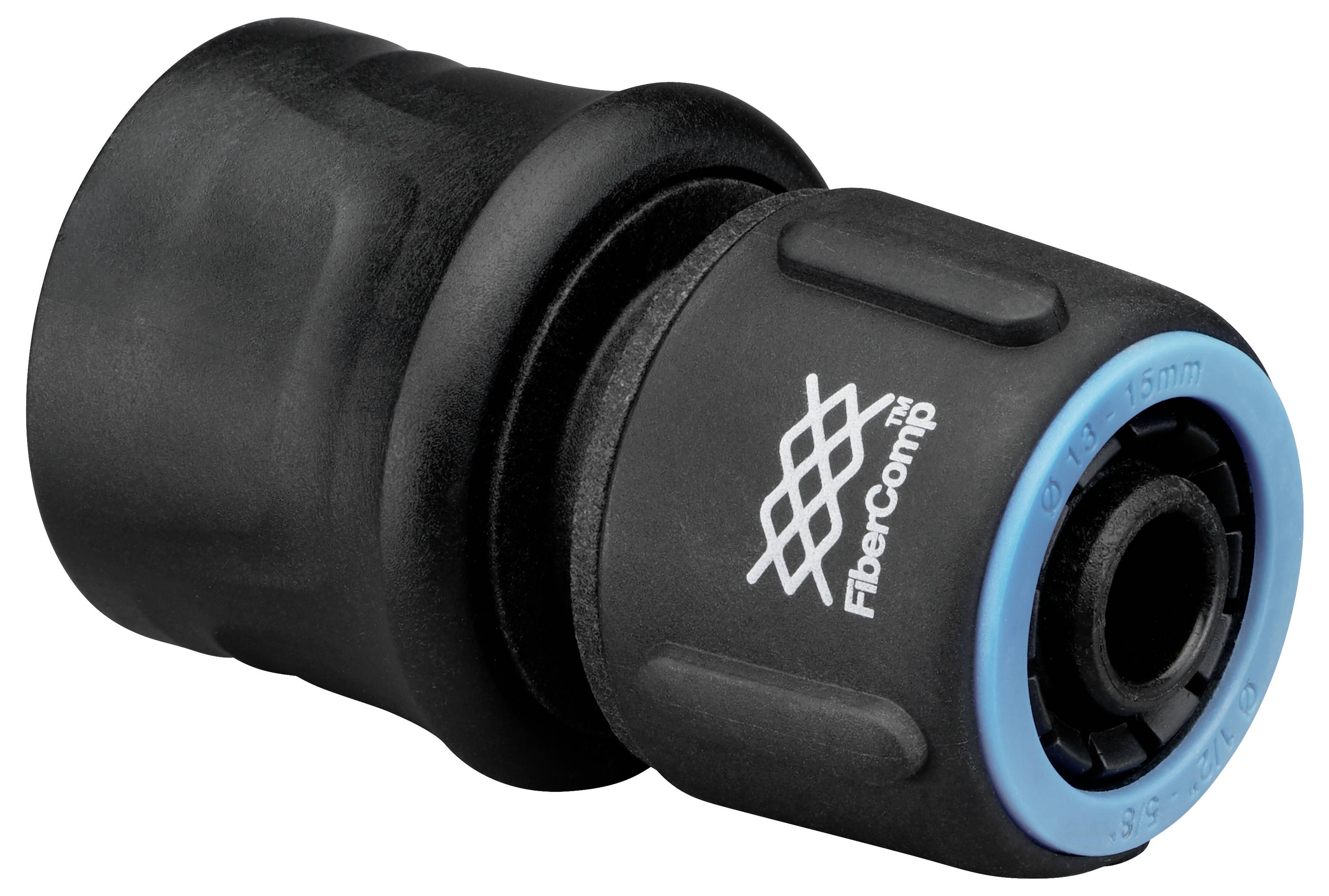 Złączka z czarną obudową i niebieską obwódką, z widocznym napisem 'FiberComp'. Stosowana w systemach rurowych, o wytrzymałej konstrukcji.