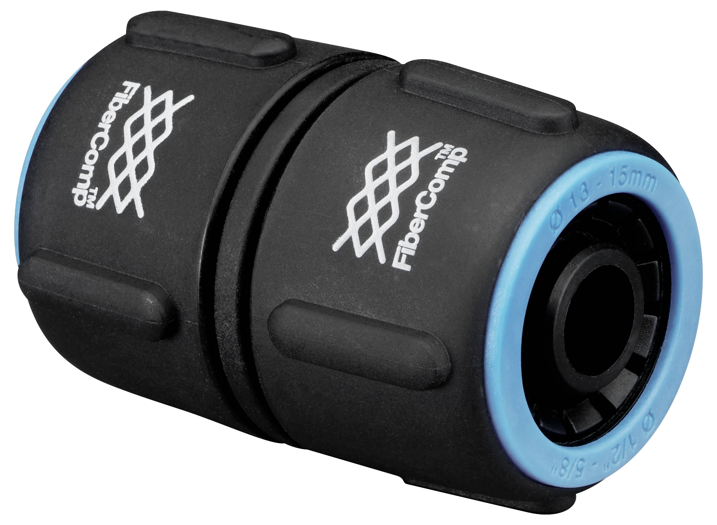 Czarny i niebieski łącznik przewodów z napisem 'FiberComp'. Łączy dwa przewody w systemie transferu wody.