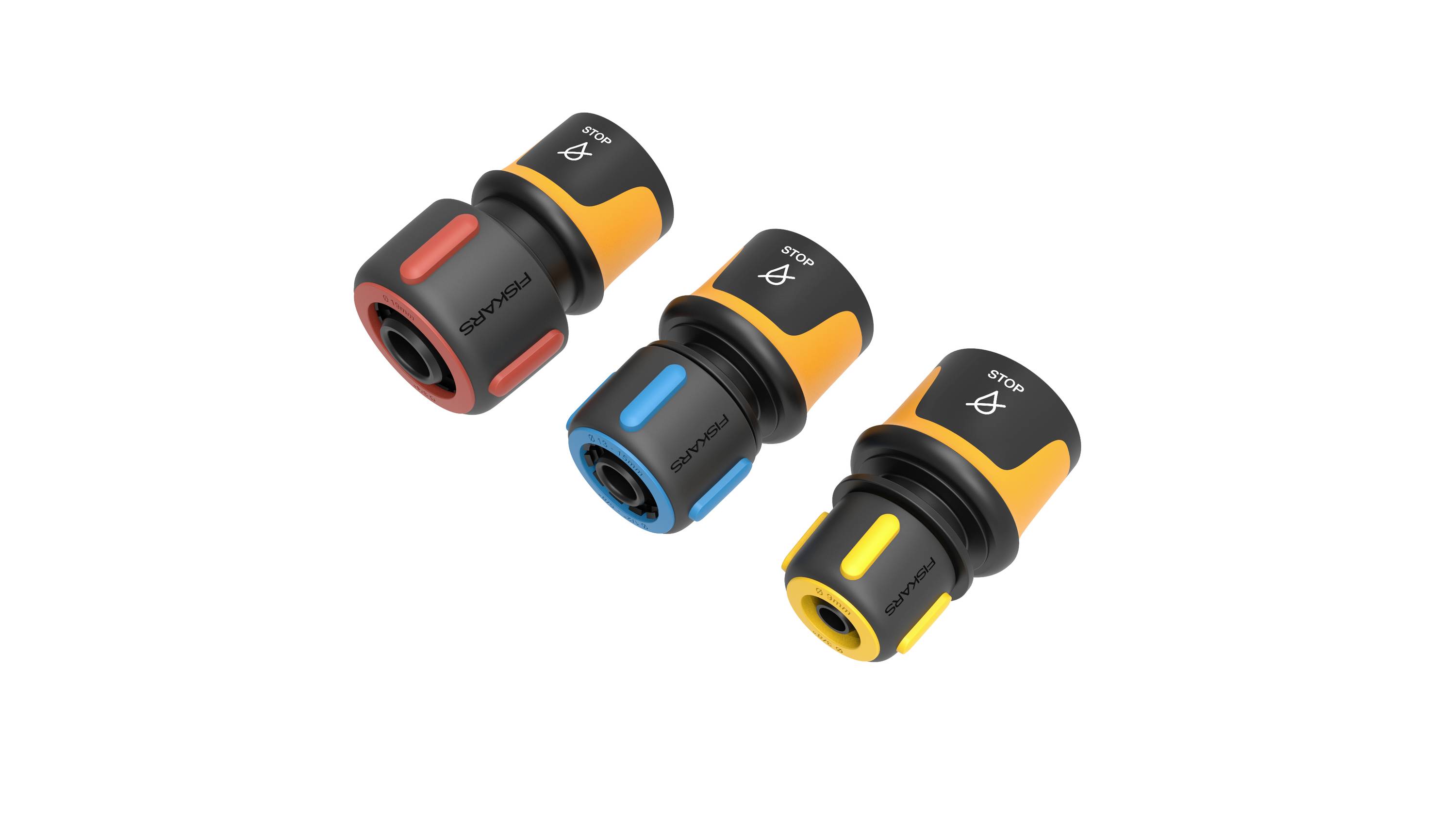 Trzy złącza kodowane kolorystycznie w kolorach czerwonym, niebieskim i żółtym. Są oznaczone symbolami dla łatwej identyfikacji.