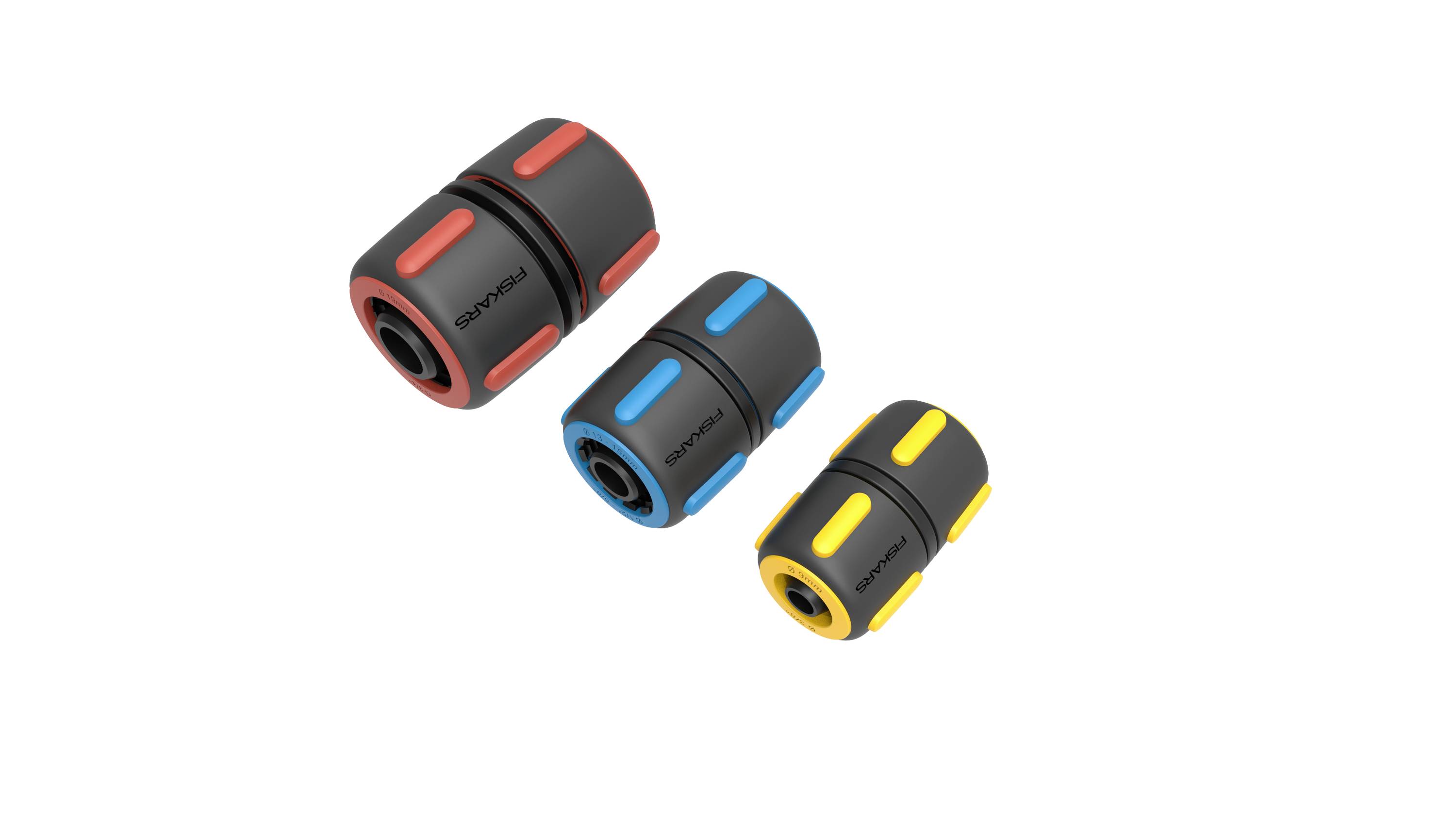 Trzy toczące się wałki do masażu mięśni w różnych rozmiarach: czerwony, niebieski i żółty. Mają kształt cylindryczny i wzór rowkowany.