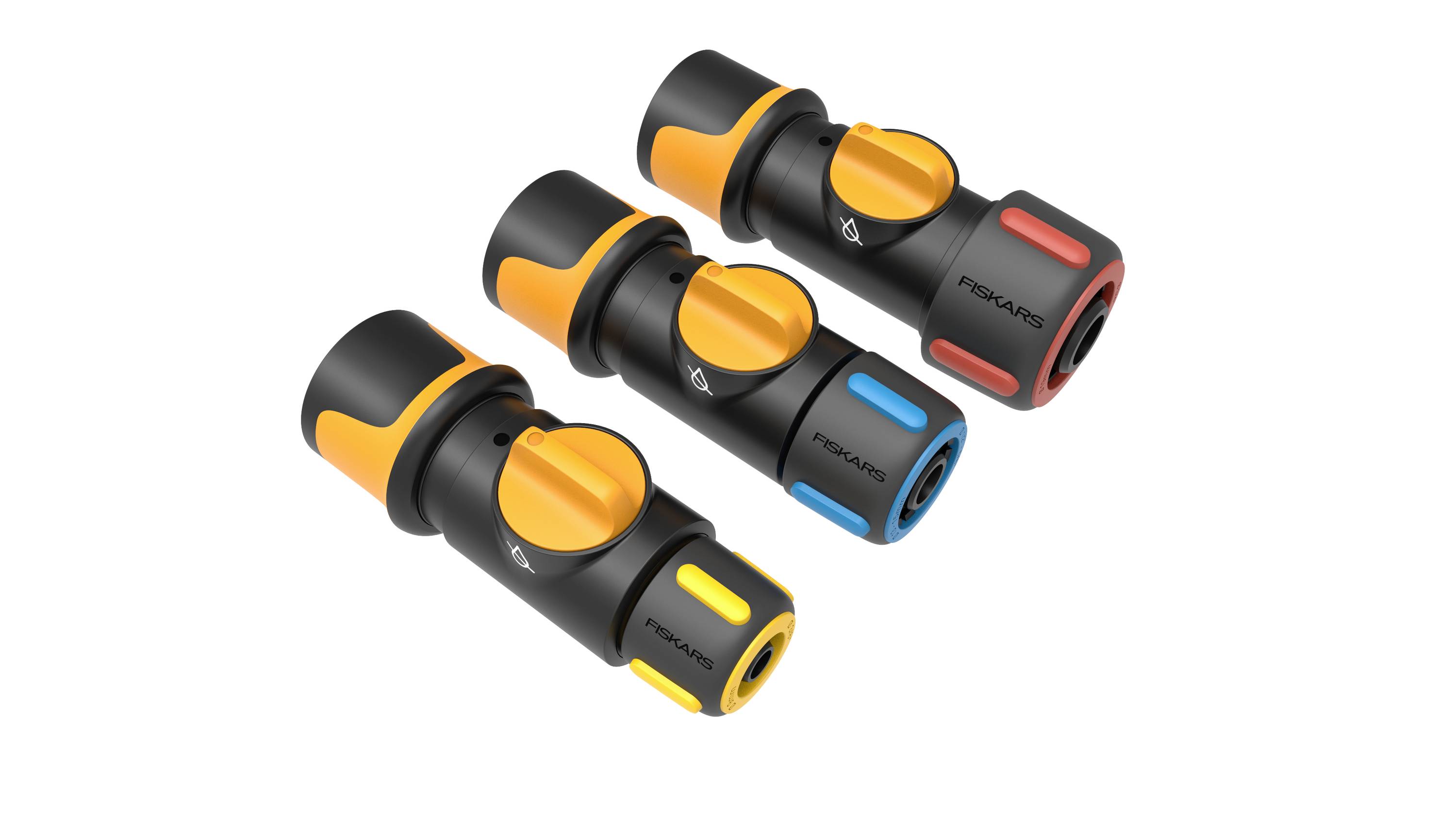 Trzy kolorowo oznaczone dysze tryskacza o ergonomicznym designie, ułożone pionowo od góry do dołu w kolorach: żółtym, niebieskim i czerwonym.