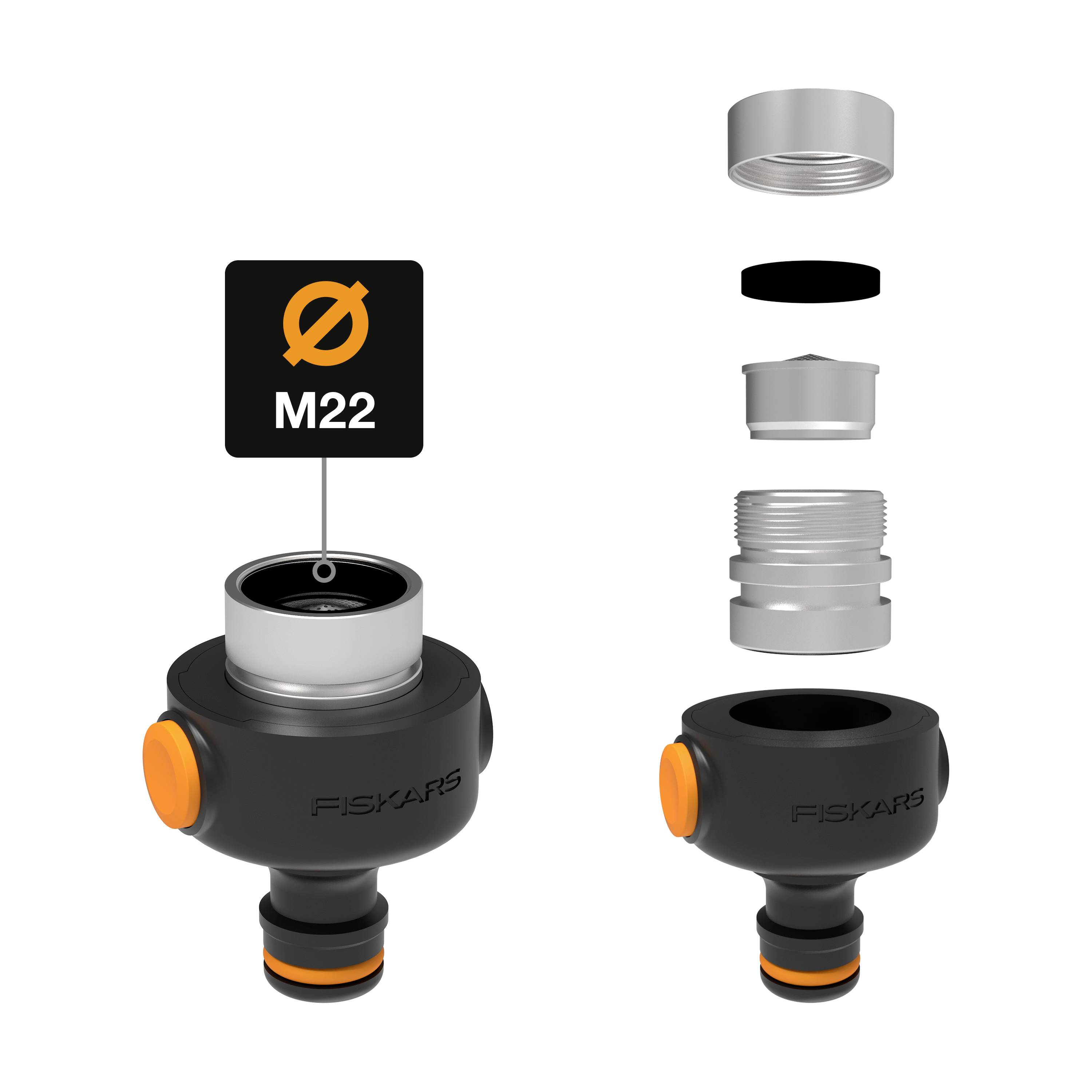 Rysunek rozstrzelony złącza wodnego do ogrodu. Przedstawia elementy składowe: nakrętkę, uszczelkę, gwint, element przyłączeniowy. Uwaga: 'Ø M22'.