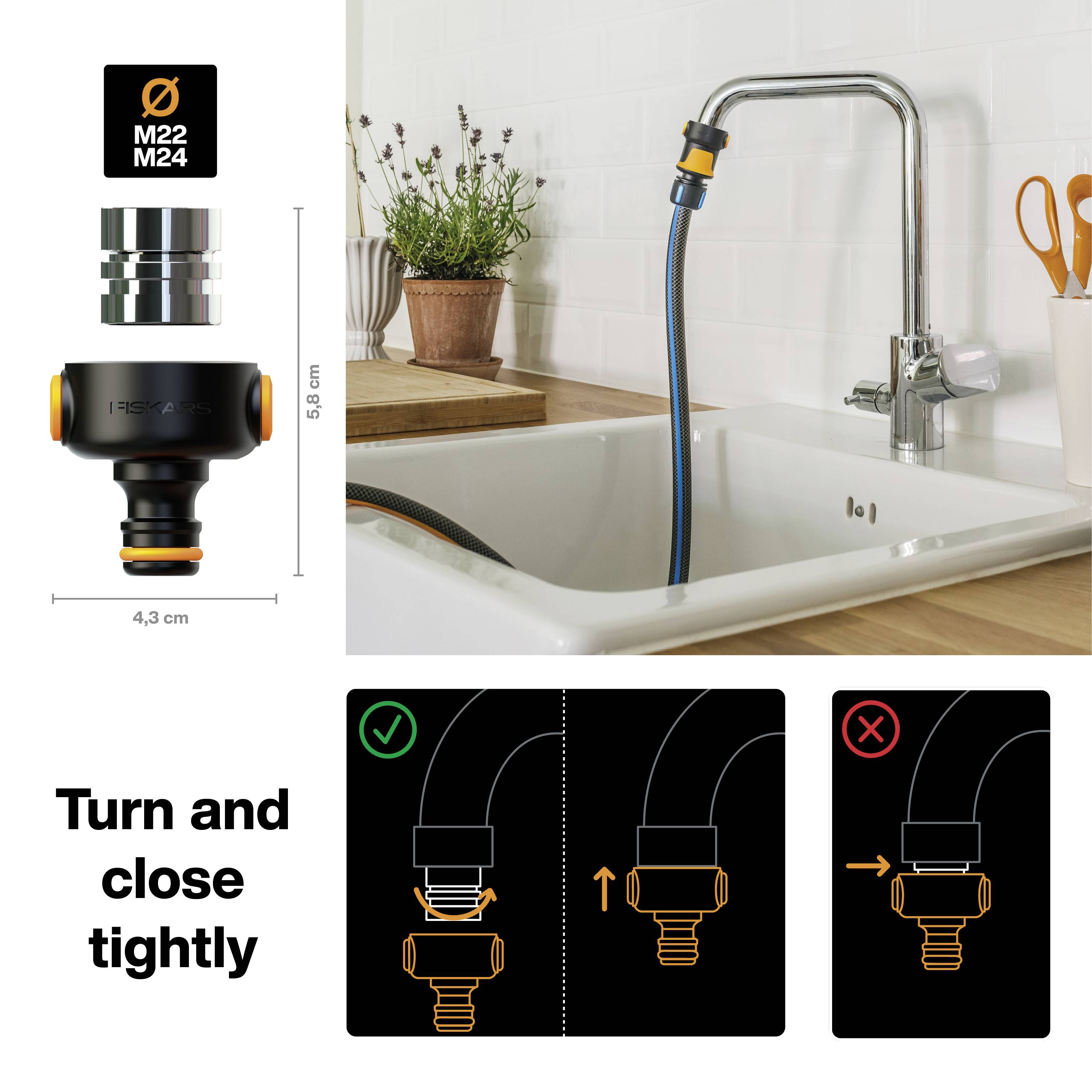 Kran zamontowany z adapterem. Instrukcja pokazuje, jak zamocować adapter: dokręcić w prawo, mocno i szczelnie.