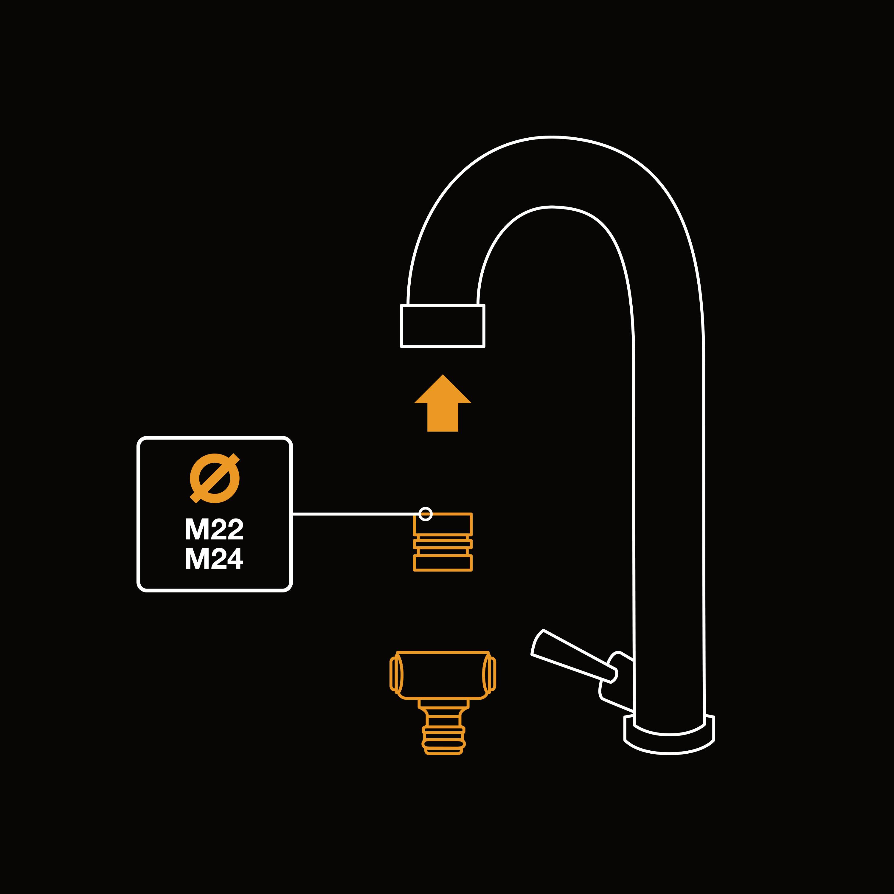 Diagram kranu wodnego ze strzałką skierowaną w górę. Tekst wskazuje 'M22', 'M24', opisany symbolami złączek.