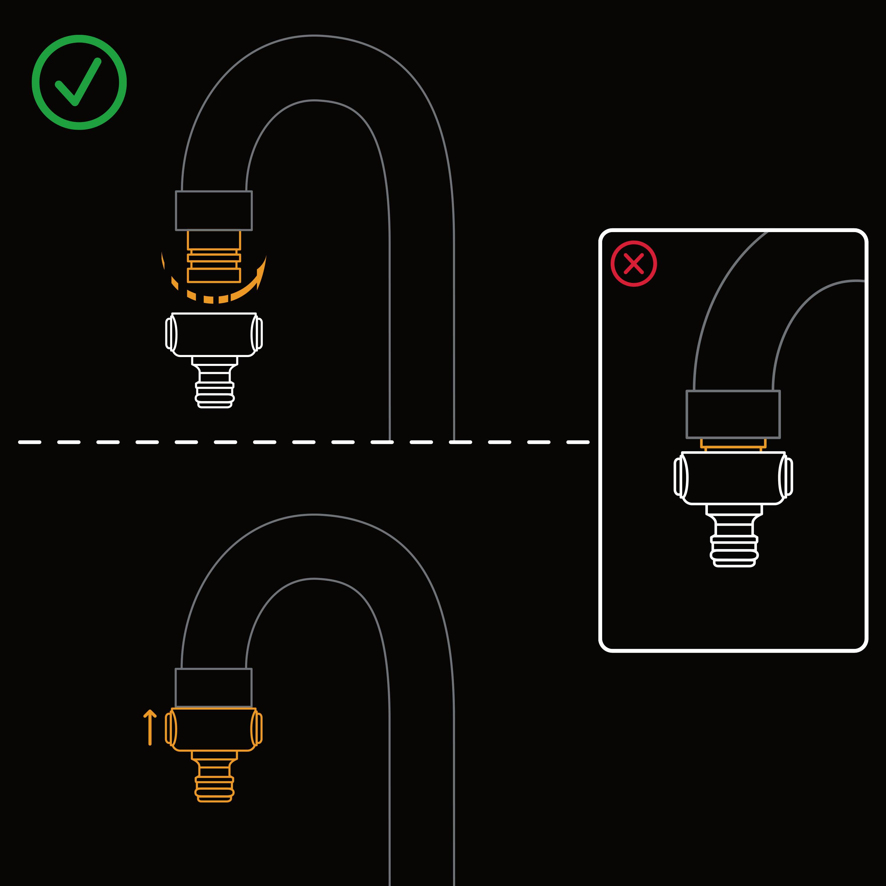 Instrukcja podłączenia kranu: Po lewej stronie pokazano prawidłową instalację ze śrubą i nakrętką, po prawej stronie nieprawidłową.