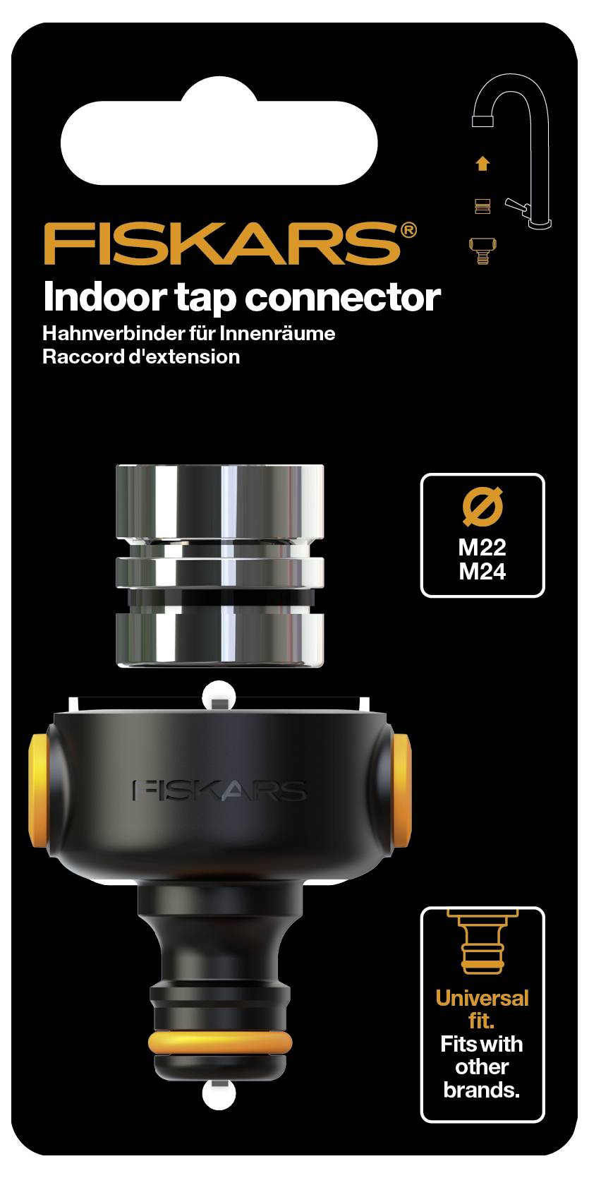 Złącze do kranu Fiskars do wnętrz. Zawiera adaptery M22/M24. Kompatybilne uniwersalnie, pasuje również do innych marek.